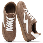 Project Cloud Irita women's sneakers in brown suede, white accents, memory foam, lace-up closure, and non-slip sole.
