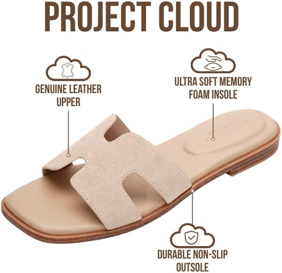 Project Cloud Women's | Genuine Leather Flat Summer Sandals | Memory Foam | Lightweight | Non-Slip - Jannel