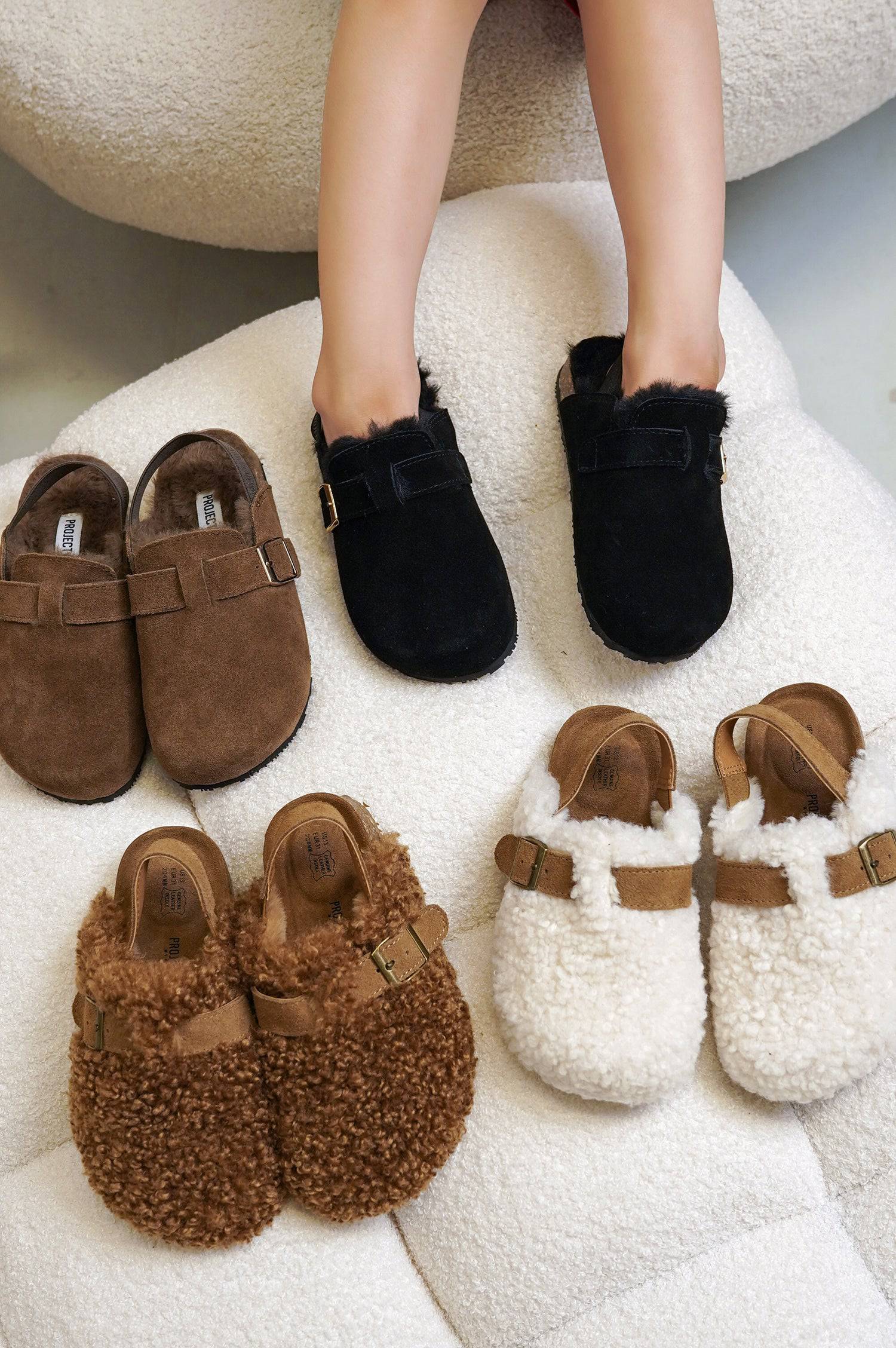 Project Cloud Kids Mini Clogs in Brown, Black Suede & White Shearling. Buckle & back strap.