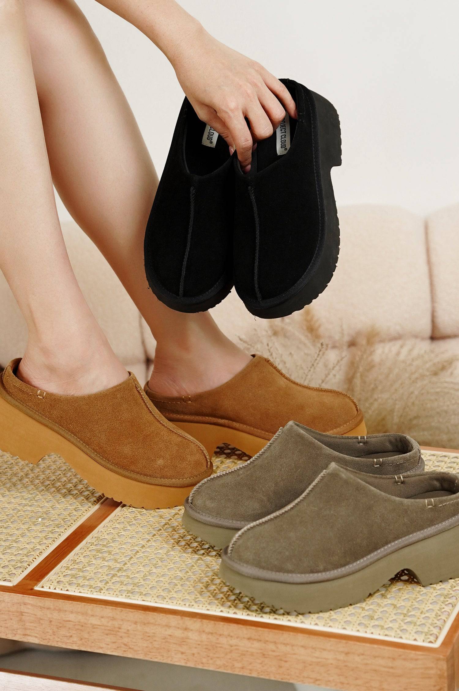 【完売色】PRANK PROJECT Wedge Sole Cut Mules Project Cloud Women's | Genuine Suede Slip-on Mules | Memory Foam