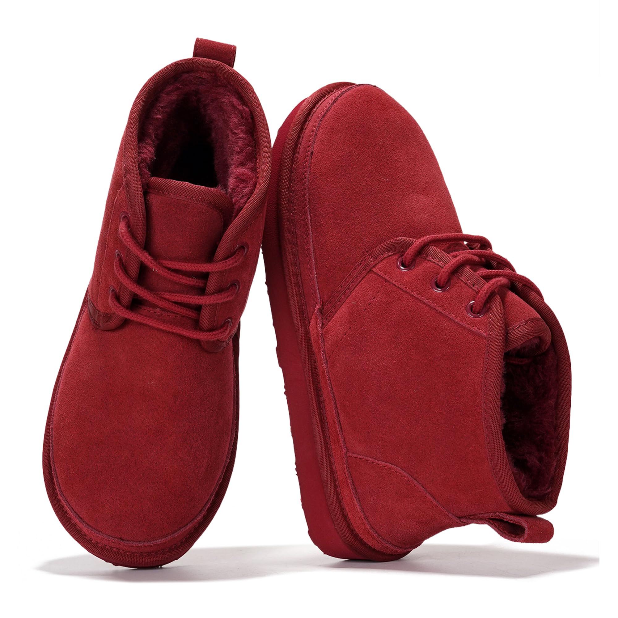 Red suede ankle boots for women, featuring natural fur lining, memory foam, and non-slip sole, ideal for winter wear.