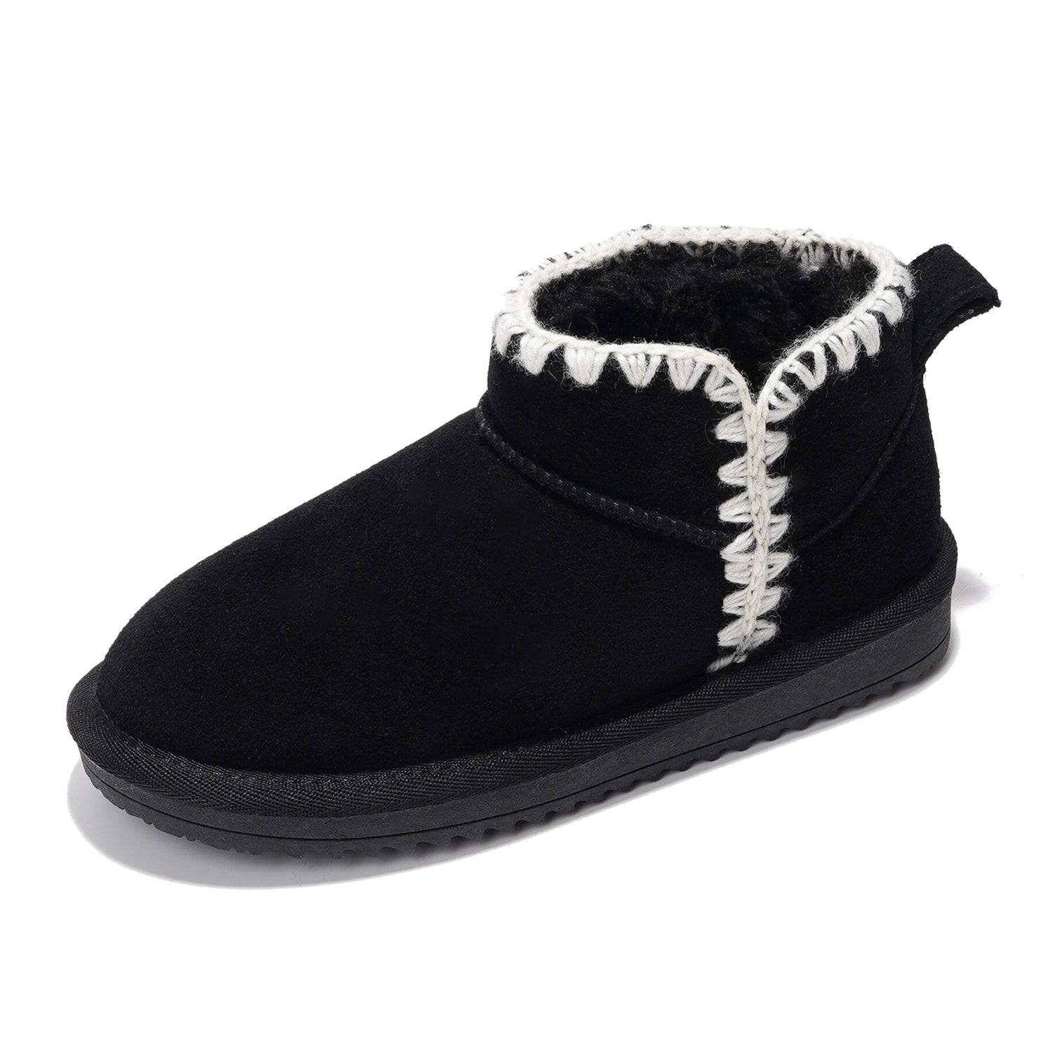 Project Cloud Karol Kids' Black Suede Boots with white stitched trim and faux fur lining, winter boots for kids.