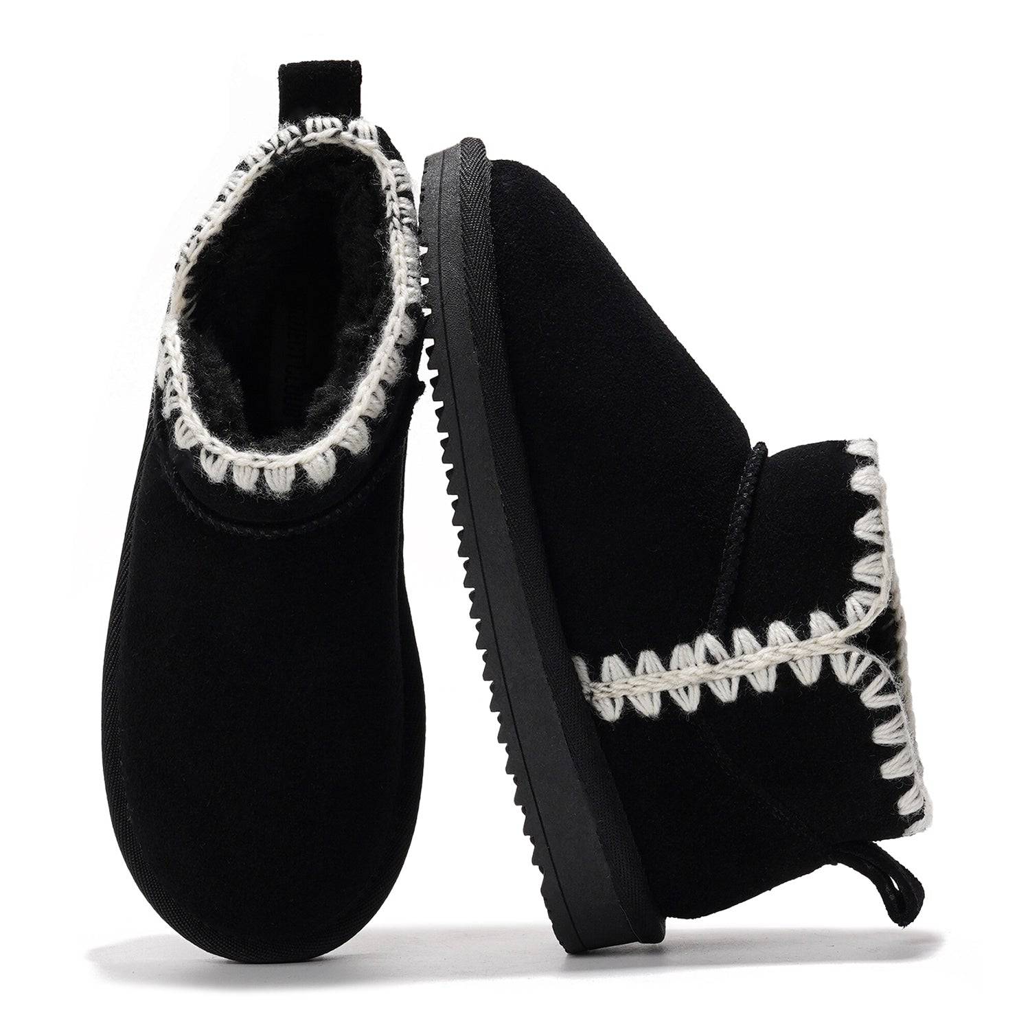 Project Cloud Karol Kids' black suede boots with white stitched trim and faux fur lining for winter warmth.