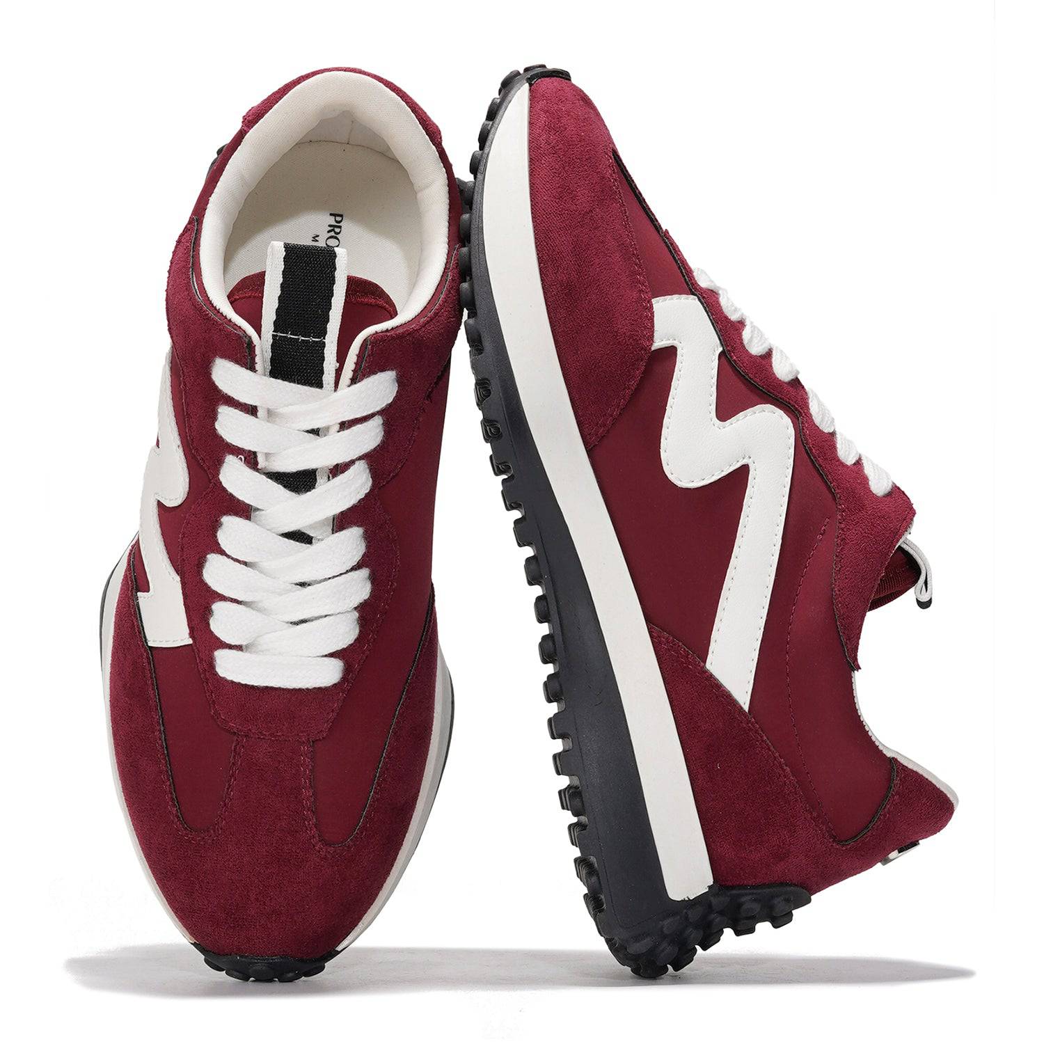 Burgundy Lecco women's sneakers with white accents. Featuring suede, memory foam, and non-slip sole.