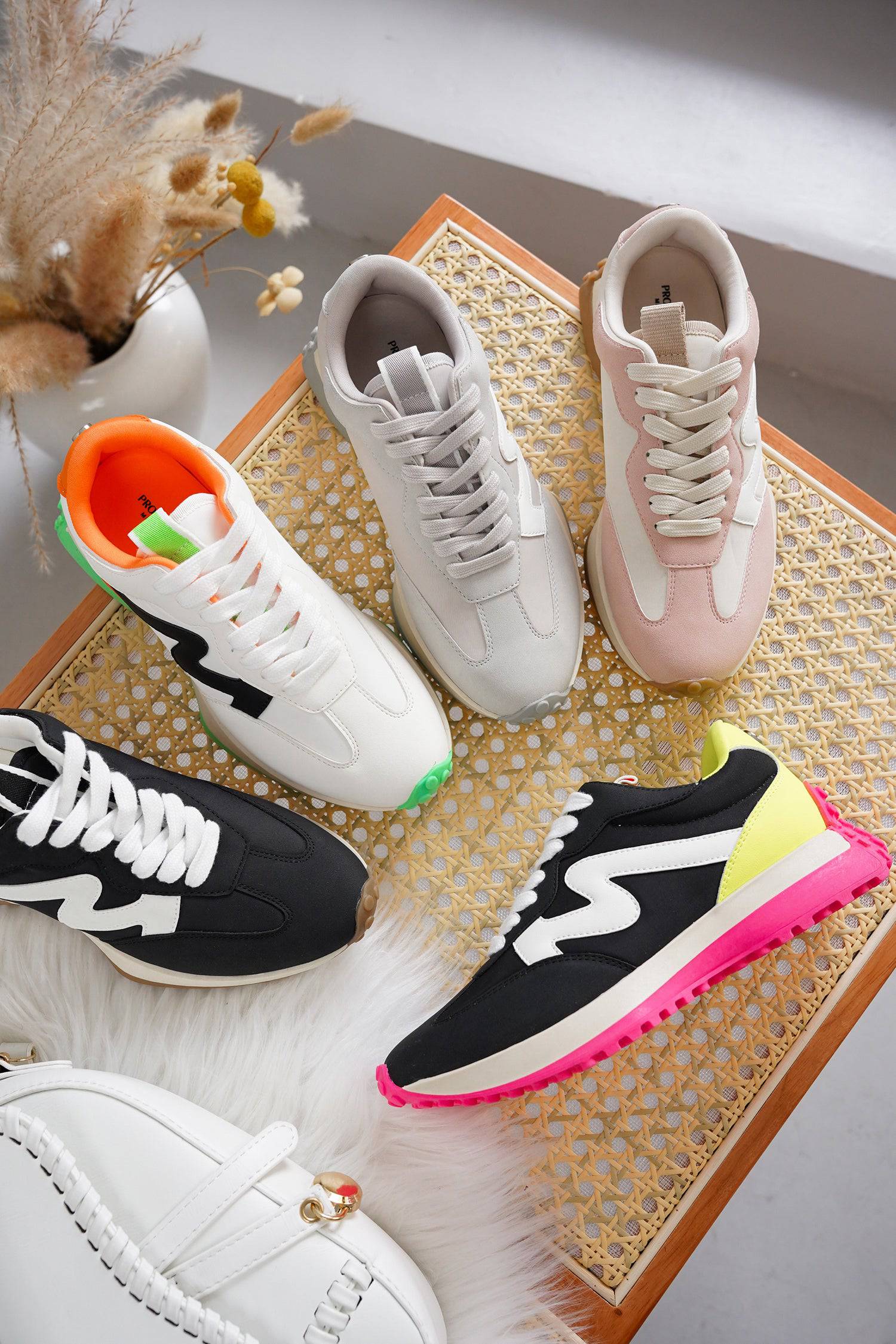 Project Cloud women's sneakers on woven chair, canvas upper, anti-slip sole, various colors.