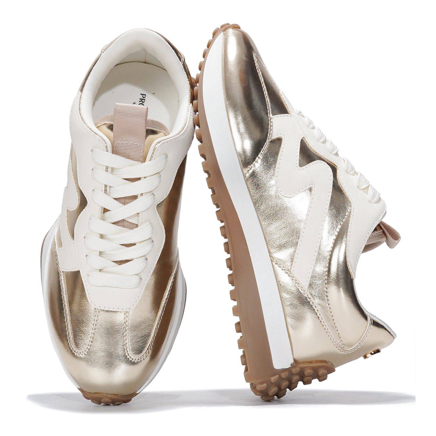Project Cloud Lennie Women's Sneakers in Metallic Gold and White. Featuring memory foam insole and non-slip rubber sole.