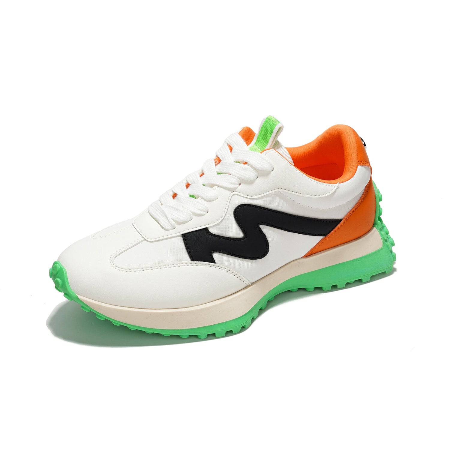 White women's Lecco sneakers with orange, green and black accents. Non-slip sole and memory foam.