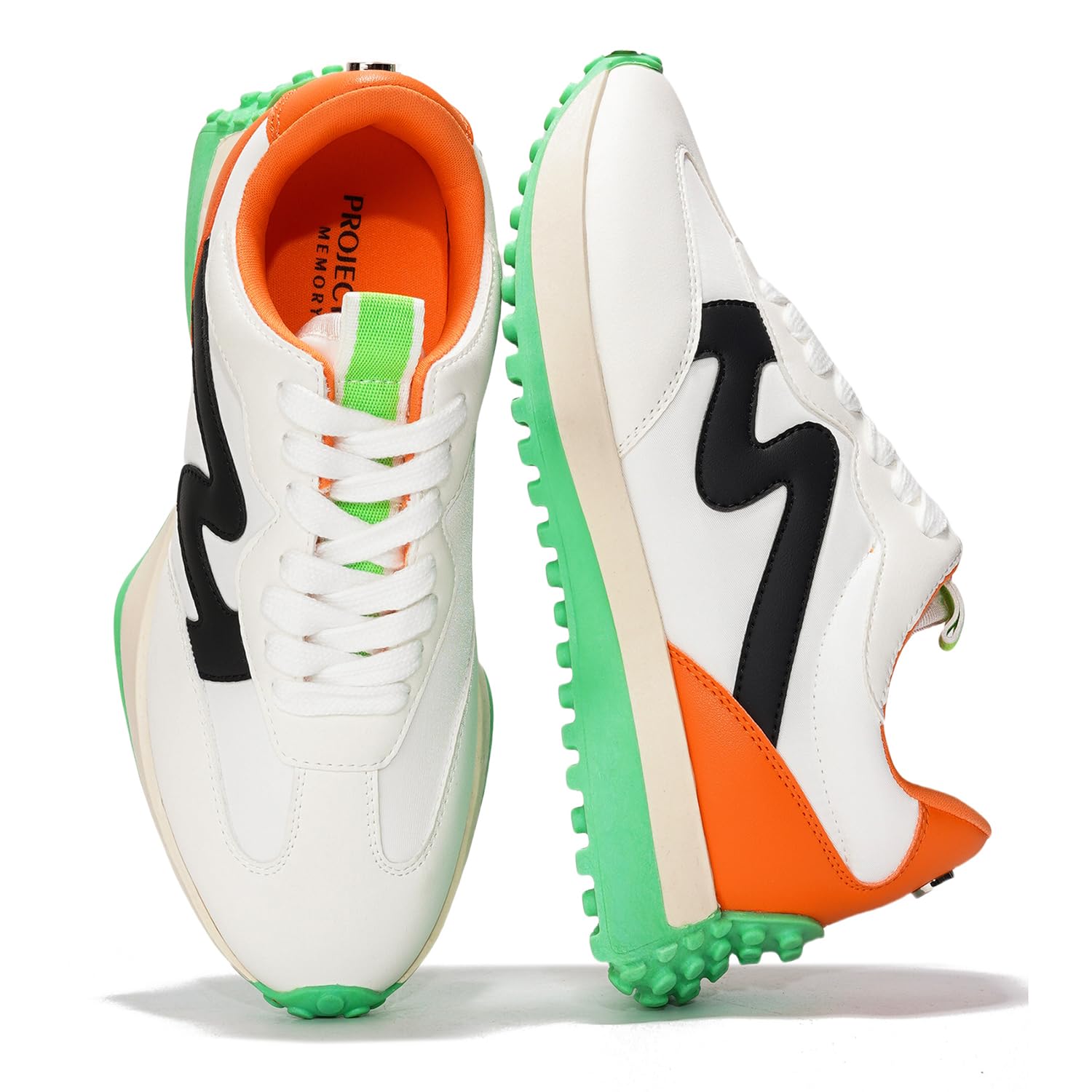 White Lecco women's sneakers with black, orange, and green accents. Memory foam, non-slip, comfortable.