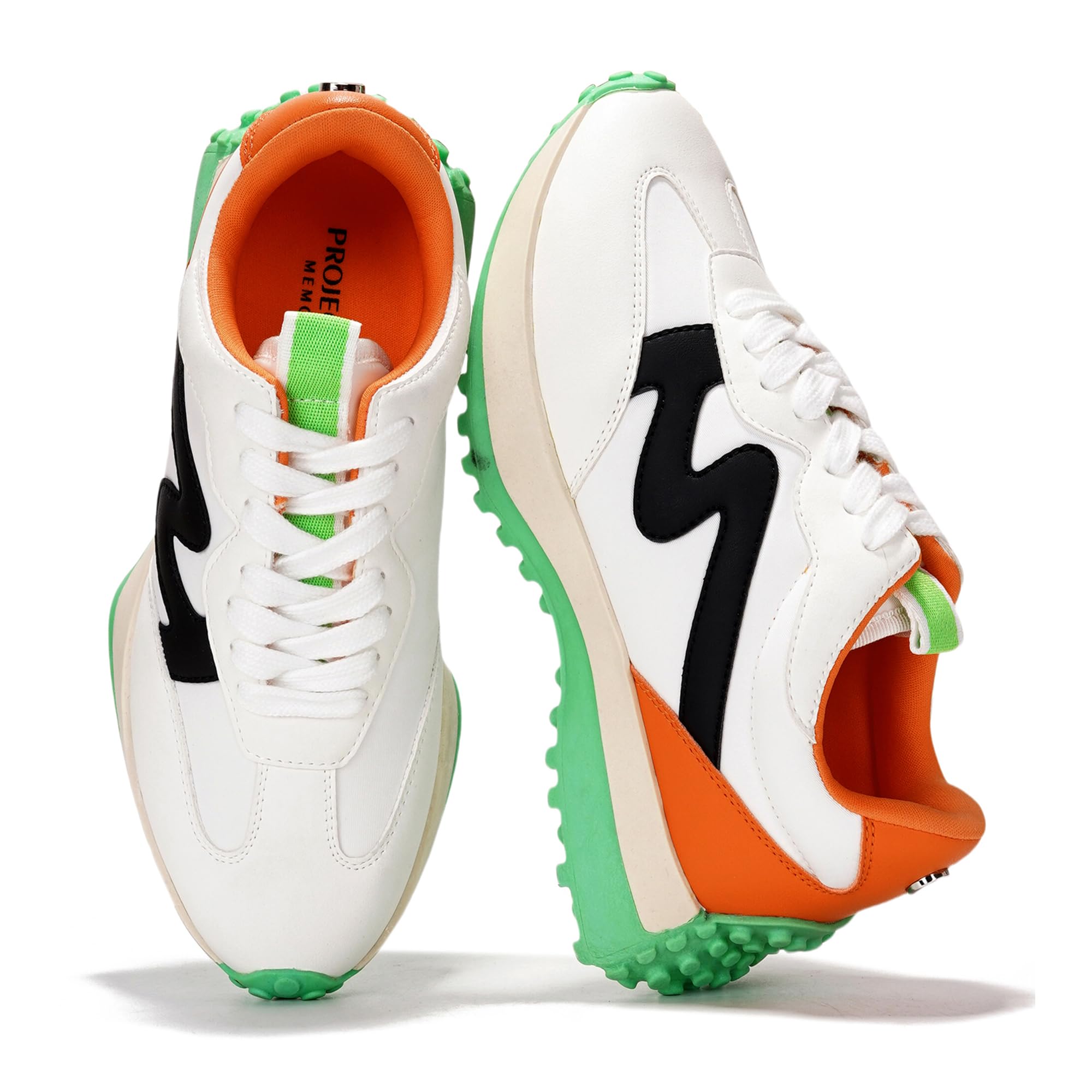 White Lecco women's sneakers with black, orange, and green accents. Memory foam, non-slip, comfortable.
