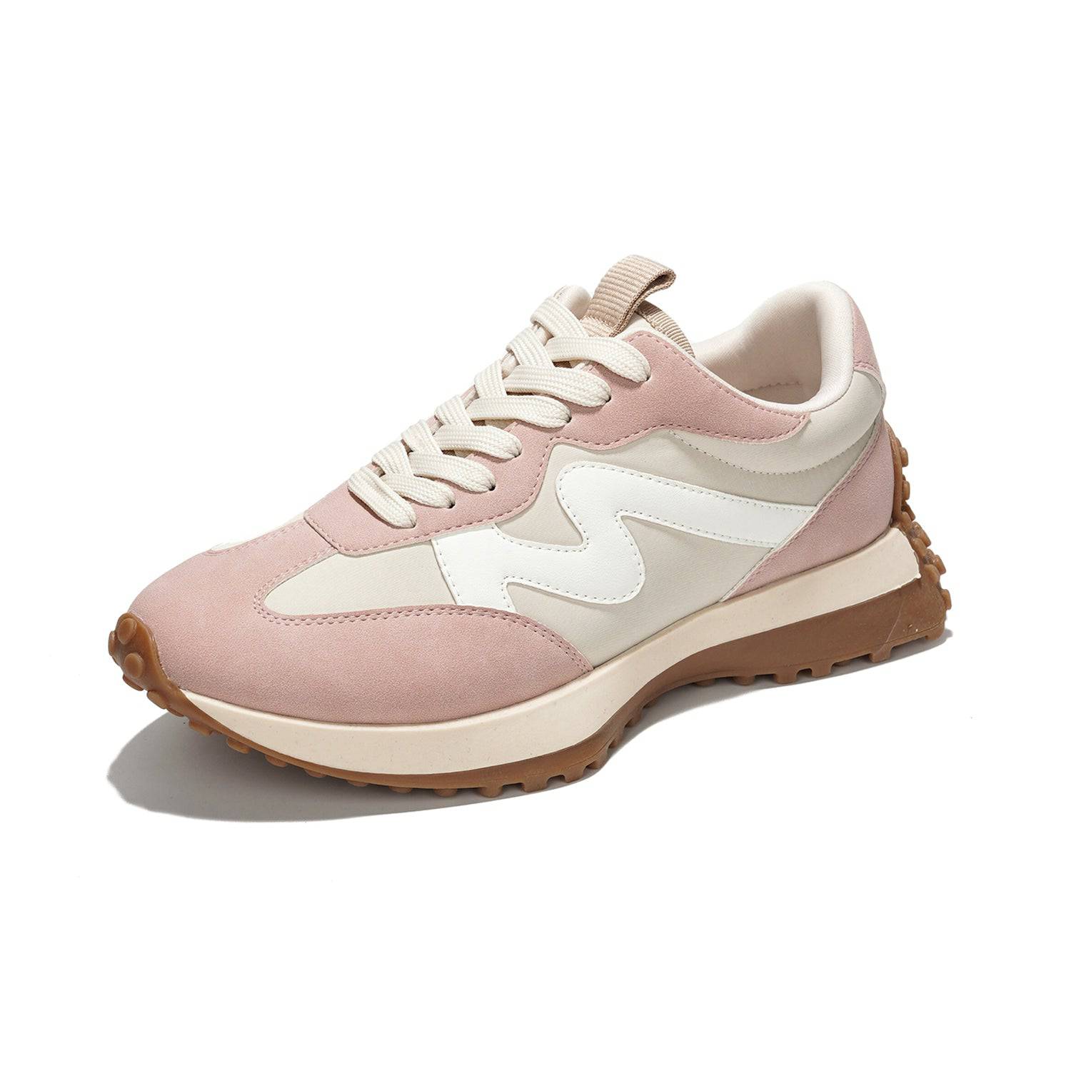 Pink and beige Lecco women's sneakers. Non-slip, memory foam, lace-up. Comfortable womens sneakers shoes for women.