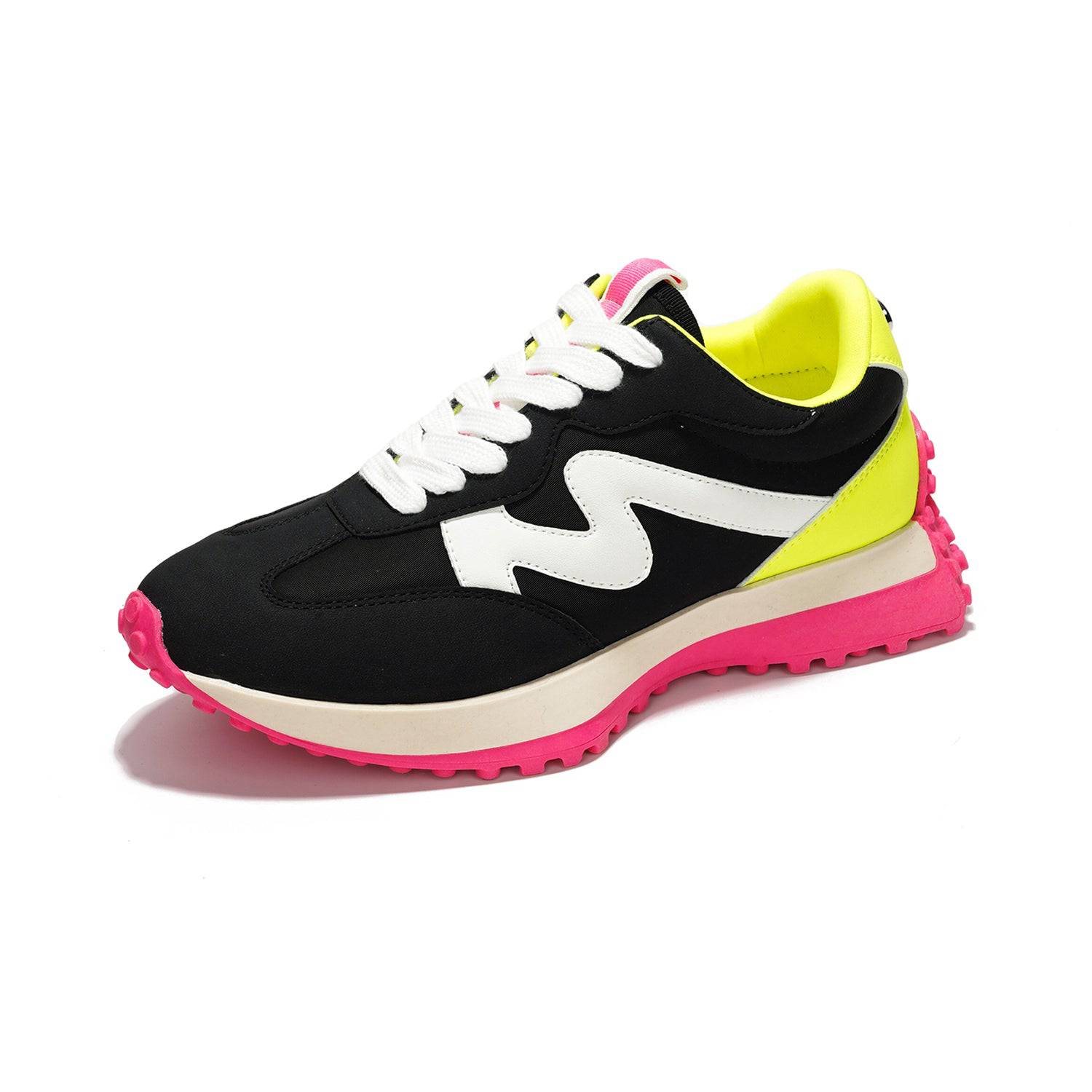 Lecco women's sneakers in black, neon yellow and pink. Non-slip sole & memory foam.