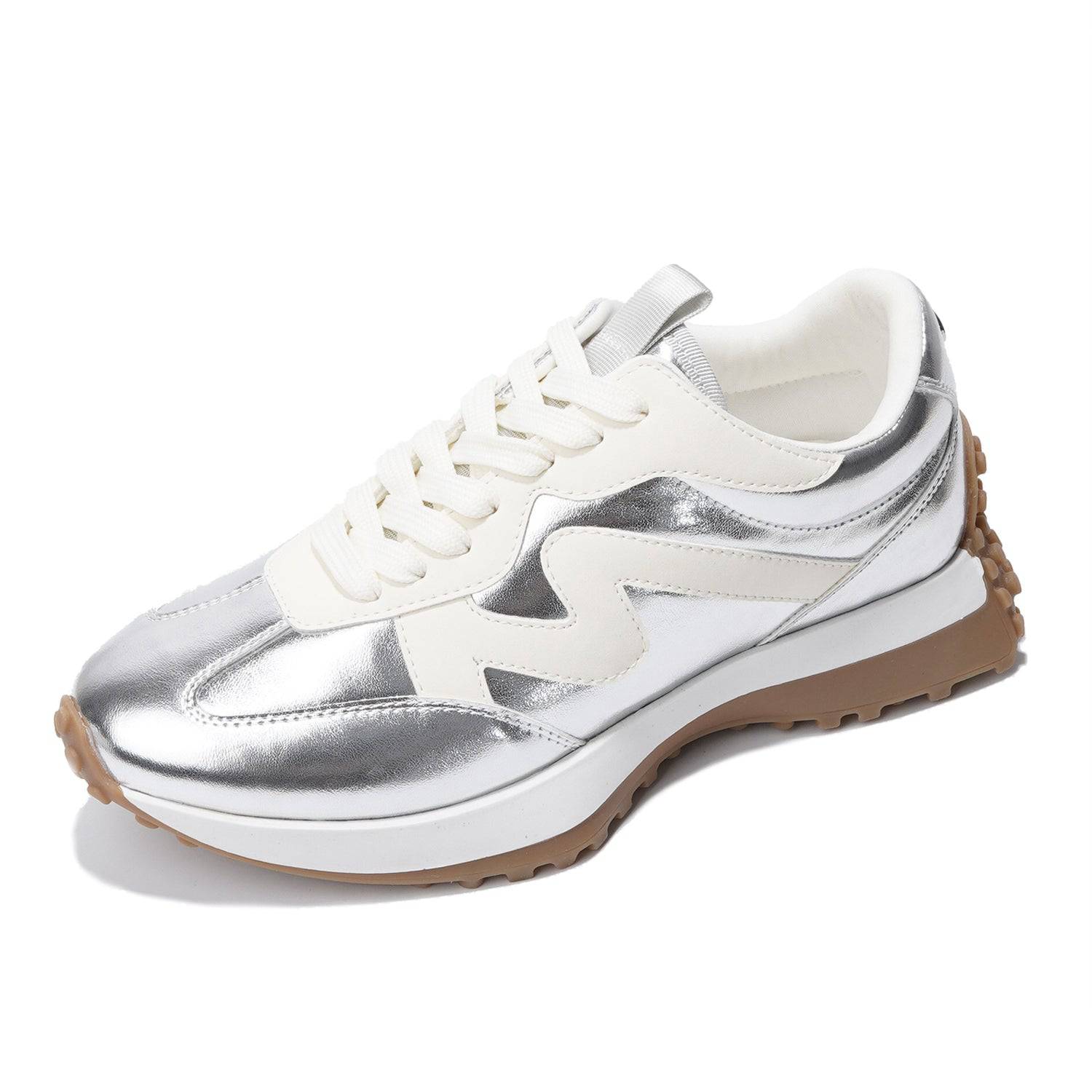 Women's Metallic Silver and White Lecco Sneakers. Featuring memory foam insole, non-slip rubber sole for all-day comfort.