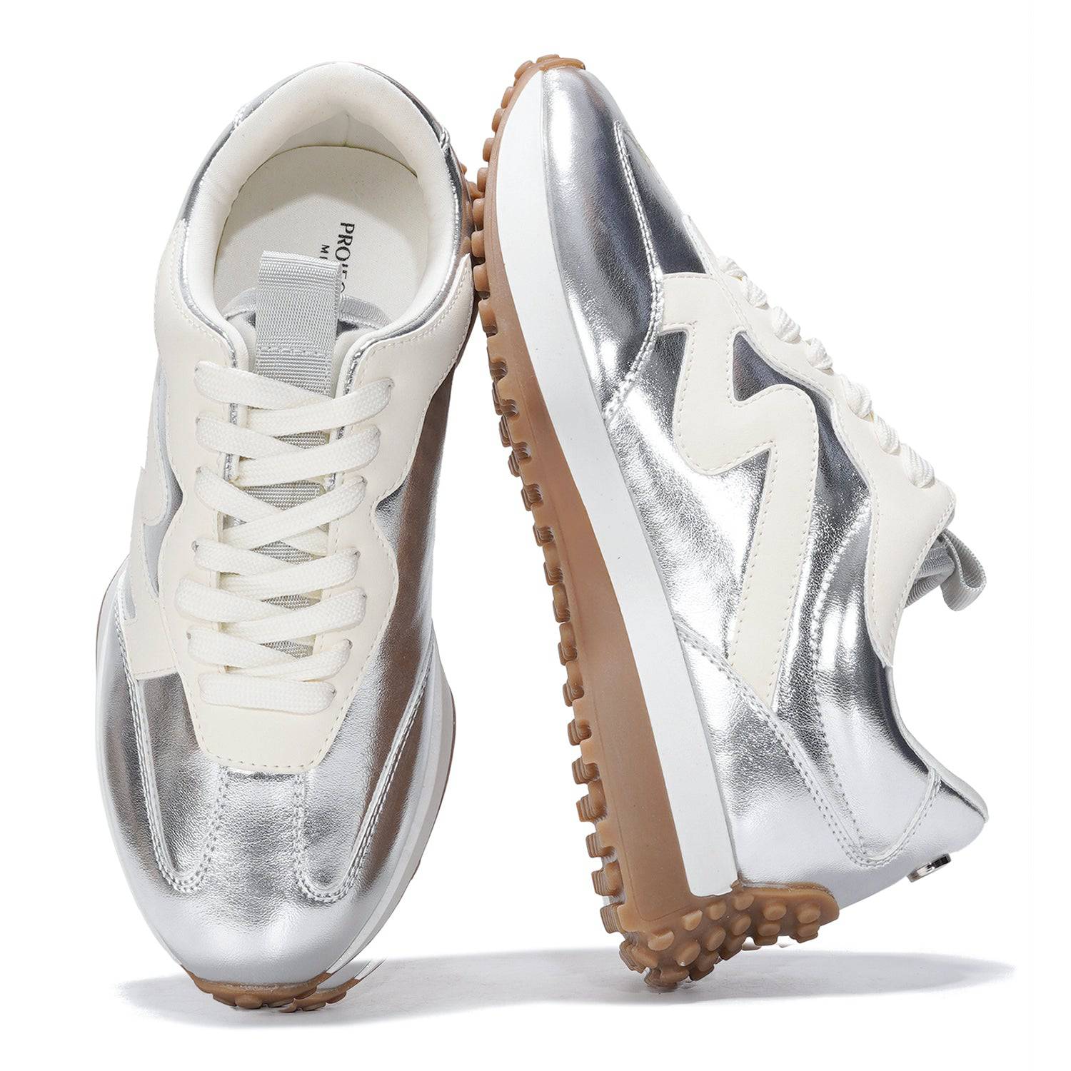 Metallic Silver & White Lennie Women's Sneakers. Non-slip, memory foam, comfortable.