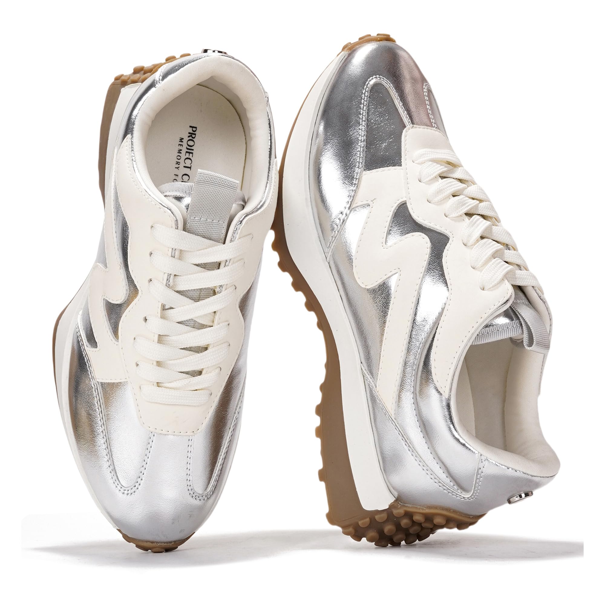 Metallic Silver & White Lennie Women's Sneakers. Non-slip, memory foam, comfortable.