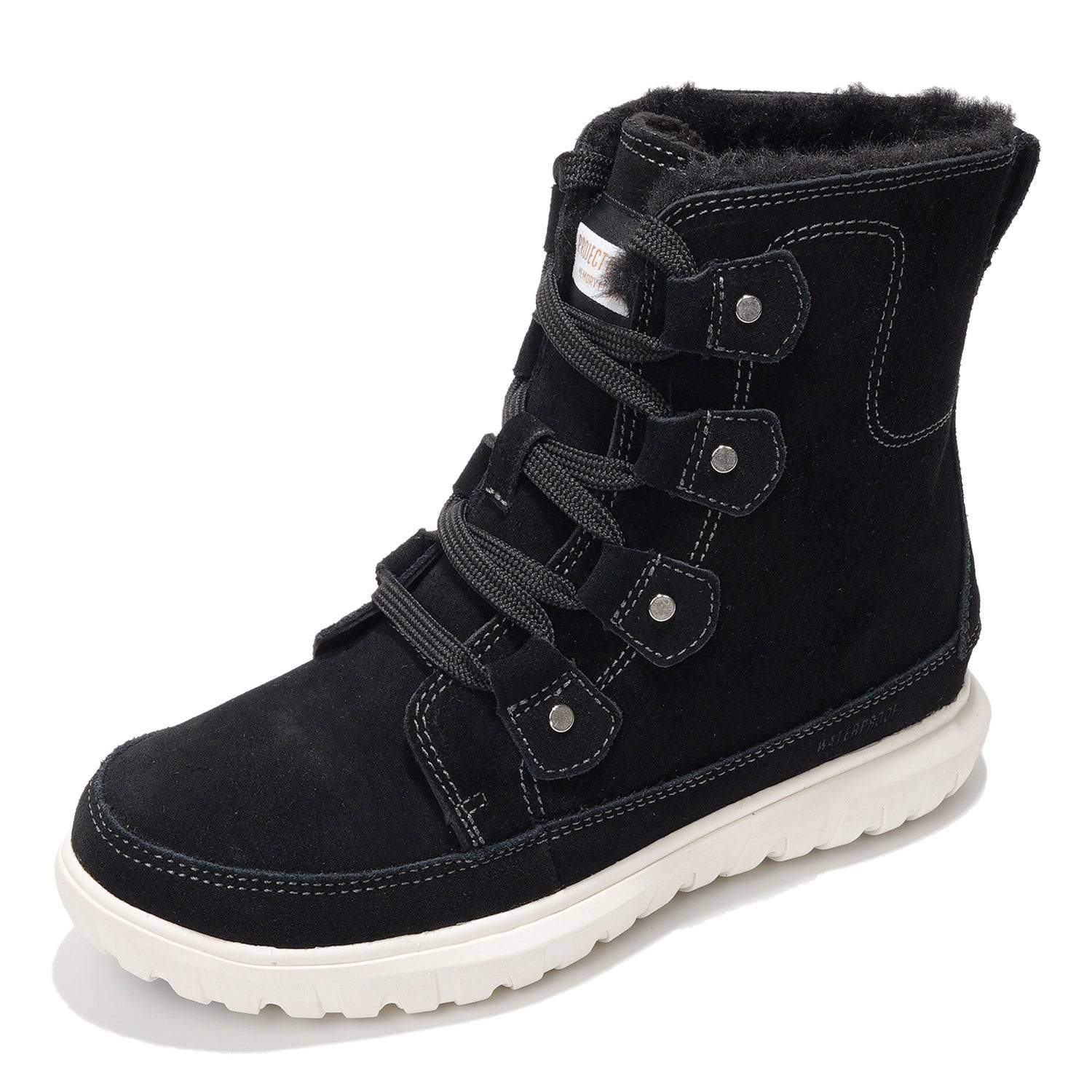 Project Cloud Leonora Snow Boots in black suede with white sole, waterproof and warm.
