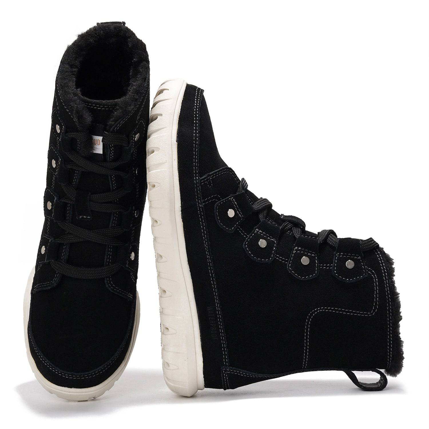 Black suede Leonora snow boots by Project Cloud with white sole, waterproof and warm.