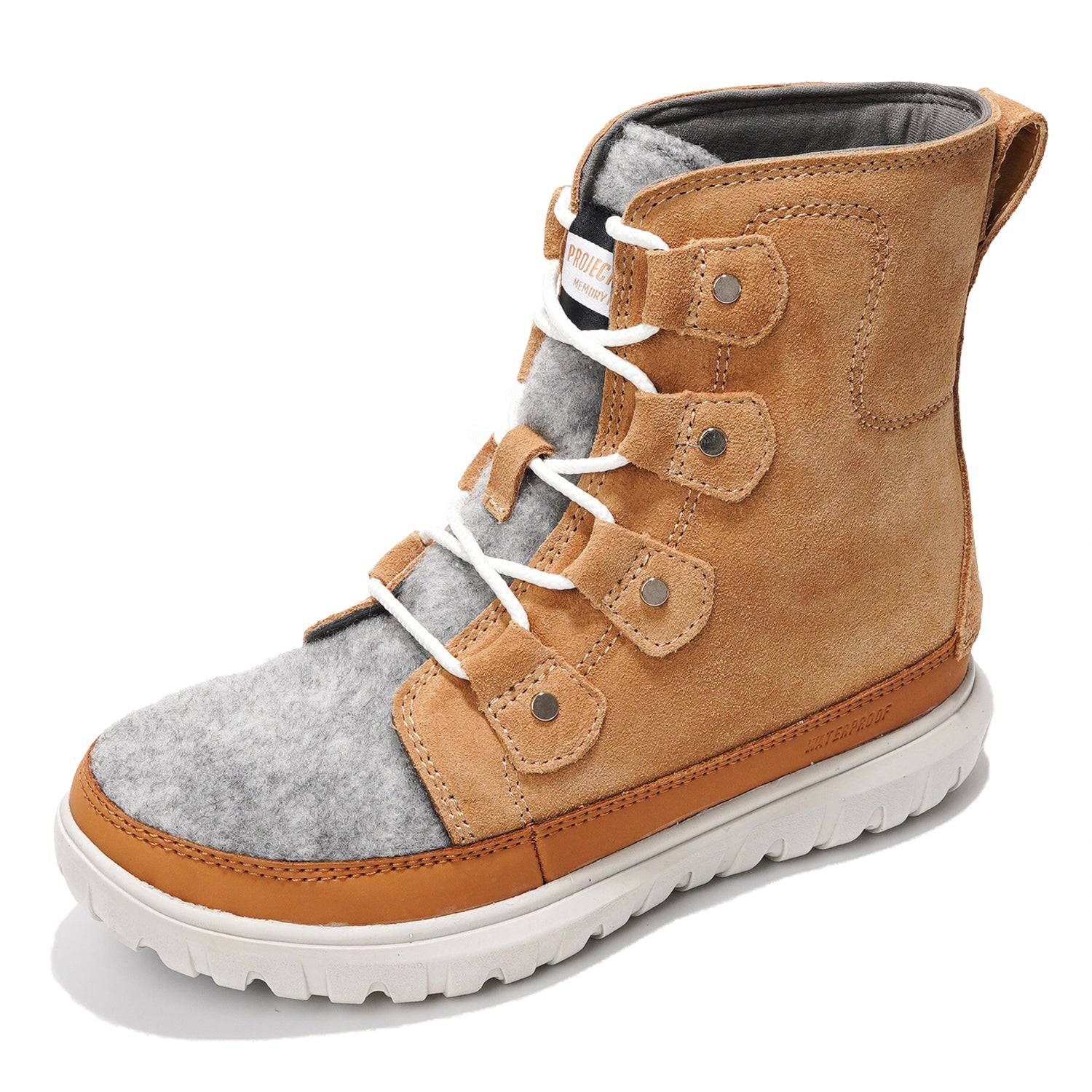 Leonora Snow Boots in tan suede, featuring waterproof design, gray felt panel, white laces and non-slip sole.