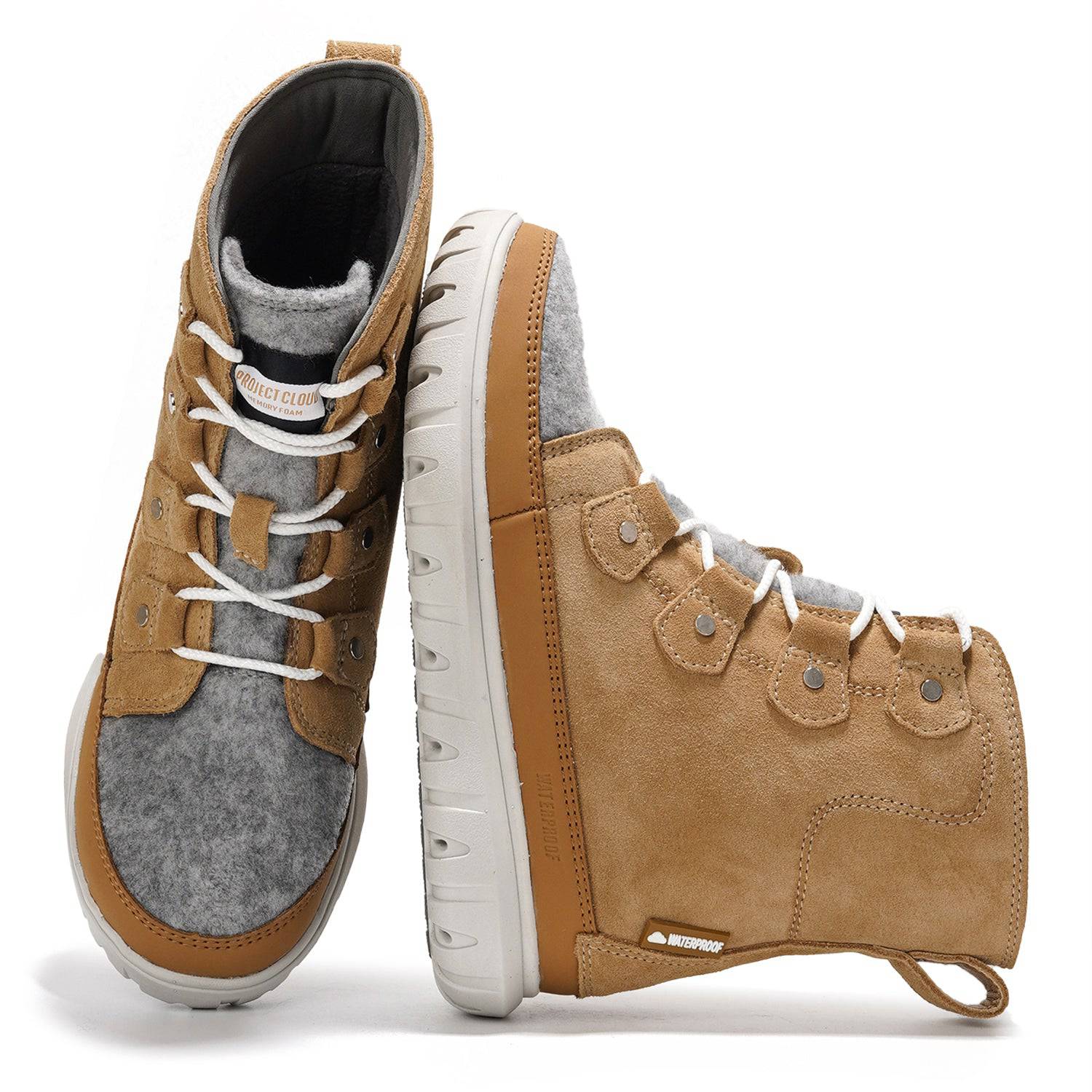 Leonora Snow Boots by Project Cloud in tan suede. Waterproof warm & non-slip, featuring memory foam for comfort.