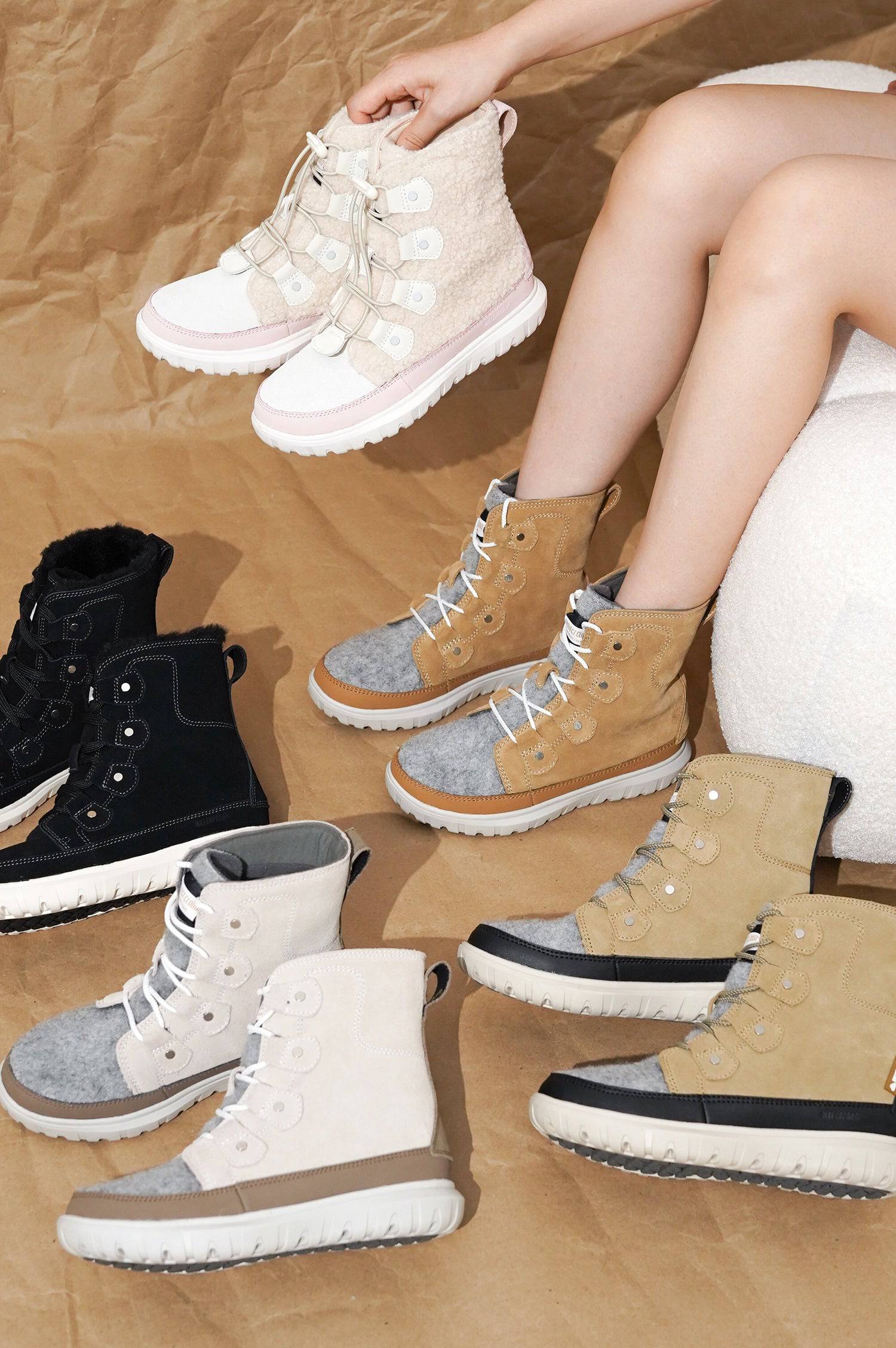 Project Cloud Leonora Snow Boots in tan suede, black suede, light pink. Waterproof, warm & non-slip design.