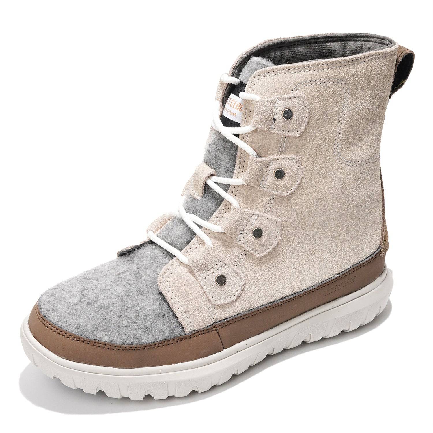 Project Cloud Leonora Snow Boots in tan suede with gray felt panel and waterproof design.