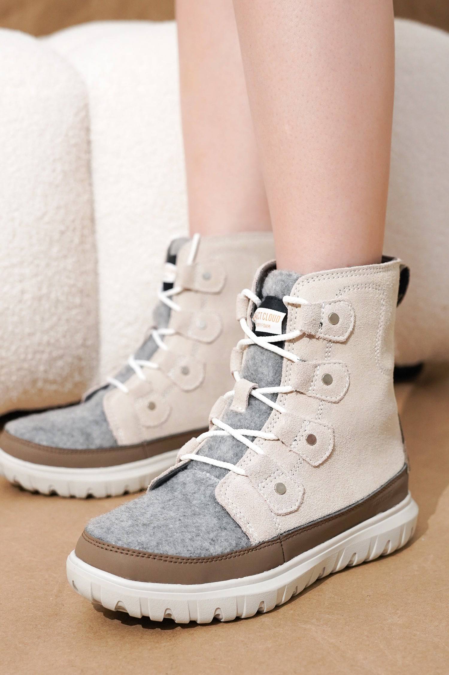 Project Cloud Leonora snow boots in tan and gray, waterproof design with white laces and non-slip sole.