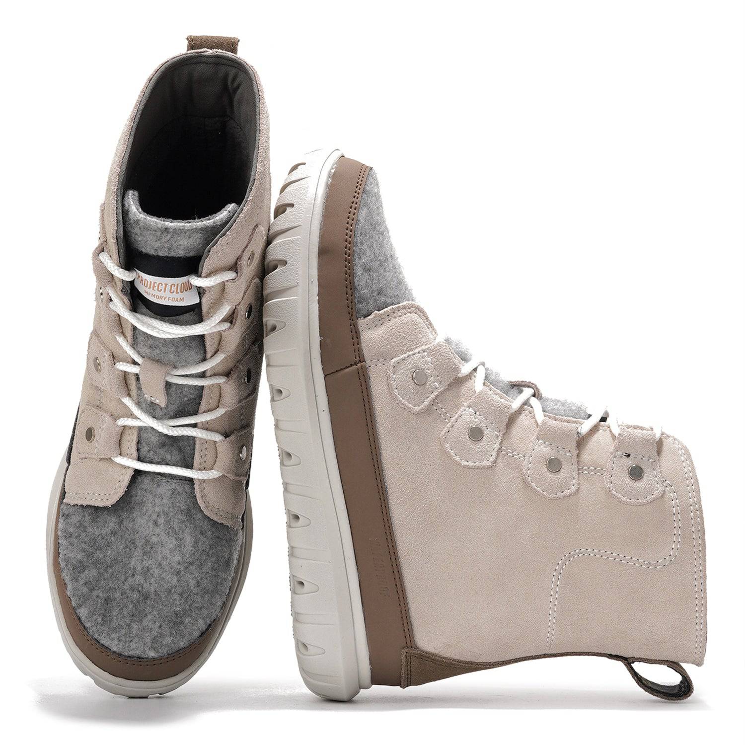 Project Cloud Leonora Snow Boots in tan suede with gray felt panel