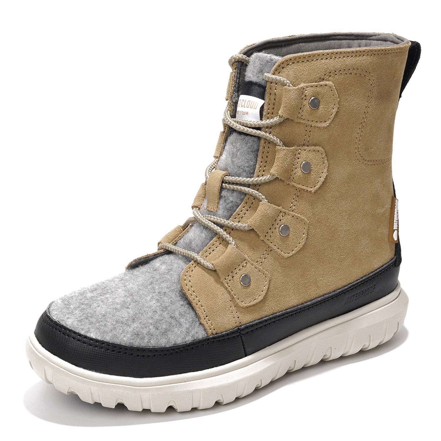 Project Cloud Leonora Snow Boots in tan suede with gray felt panel, waterproof design, and non-slip sole.