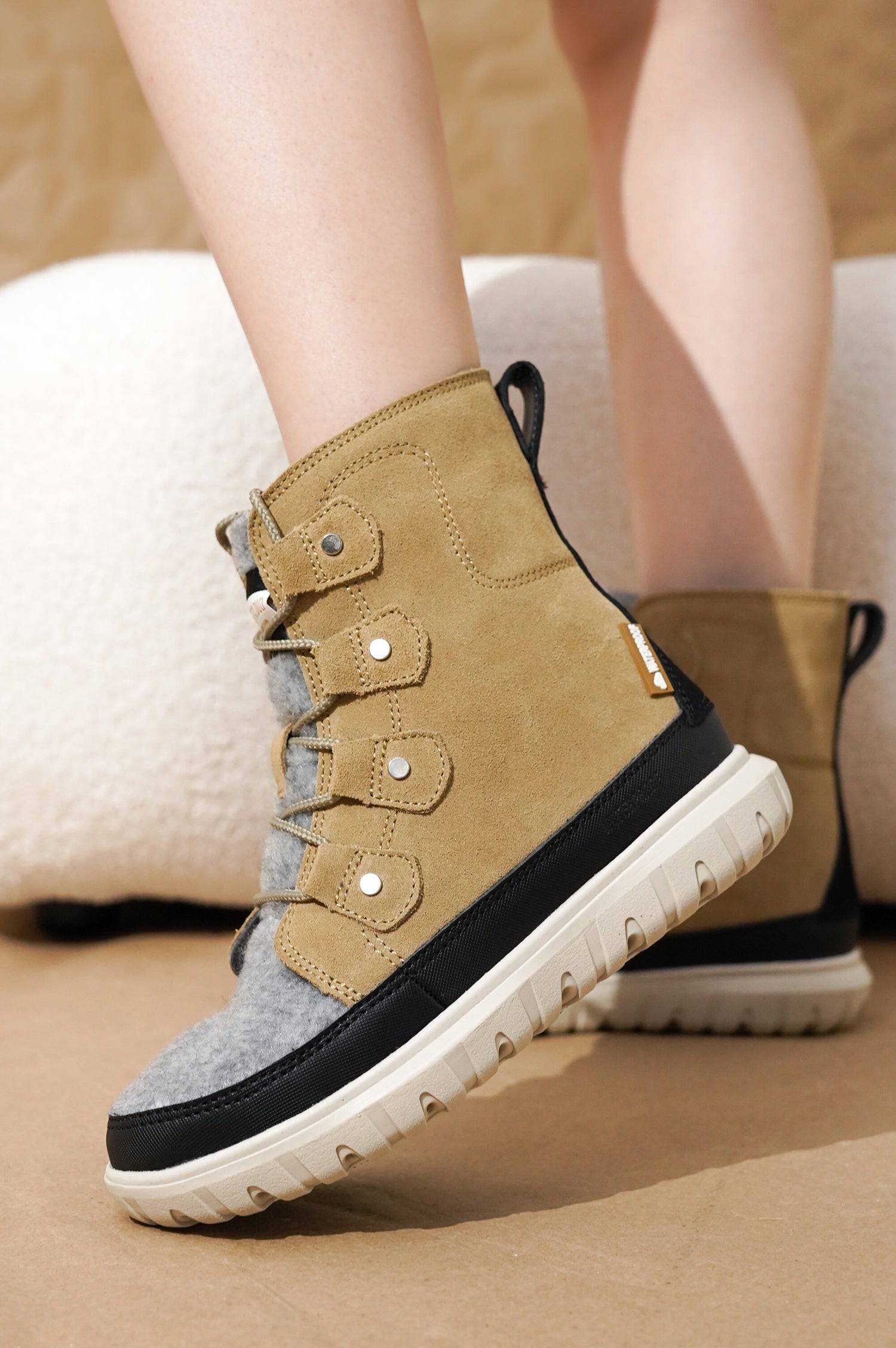 Project Cloud Leonora snow boots in tan suede, featuring waterproof design, gray felt panel, and non-slip sole.
