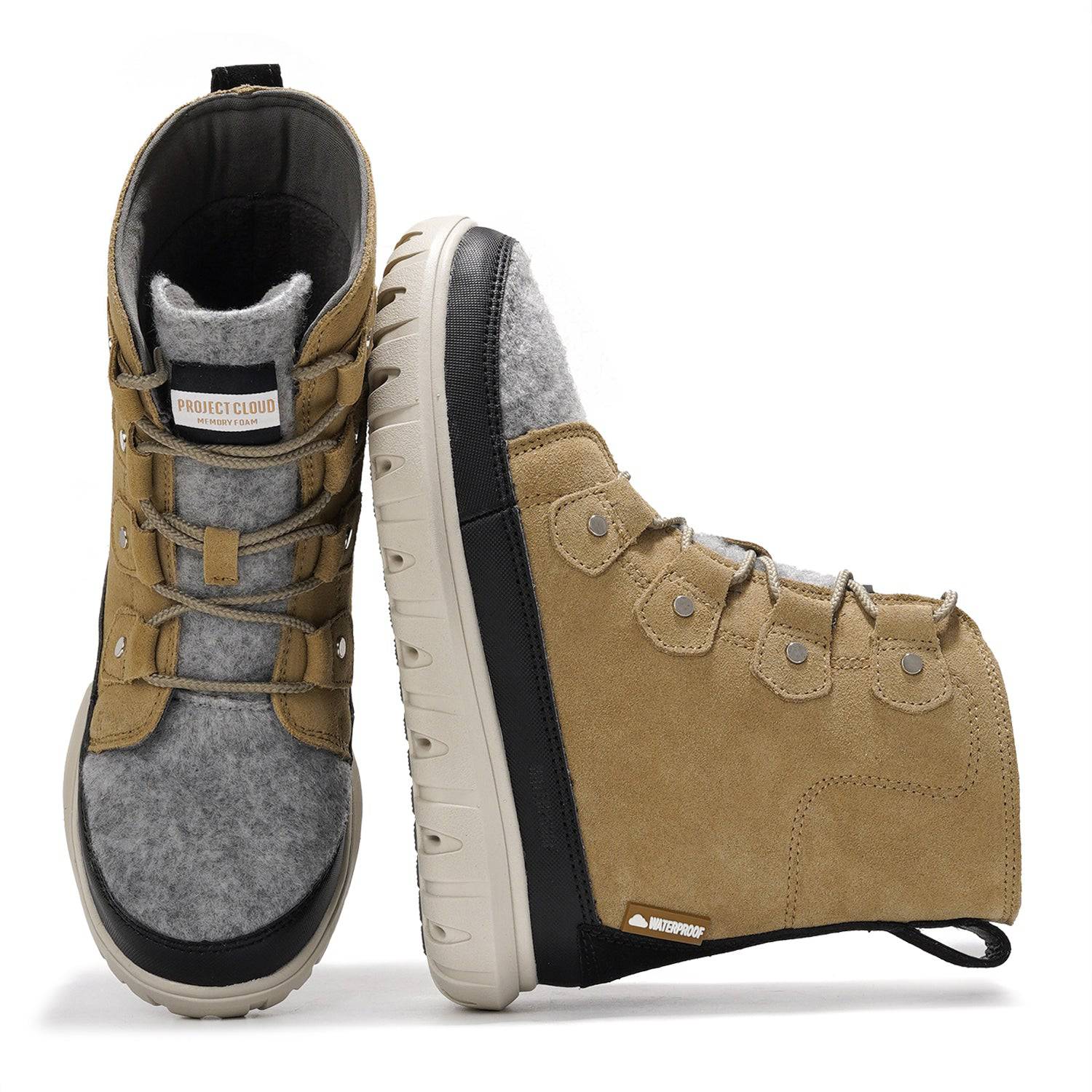 Leonora Snow Boots in tan suede by Project Cloud, waterproof, featuring memory foam for comfort.