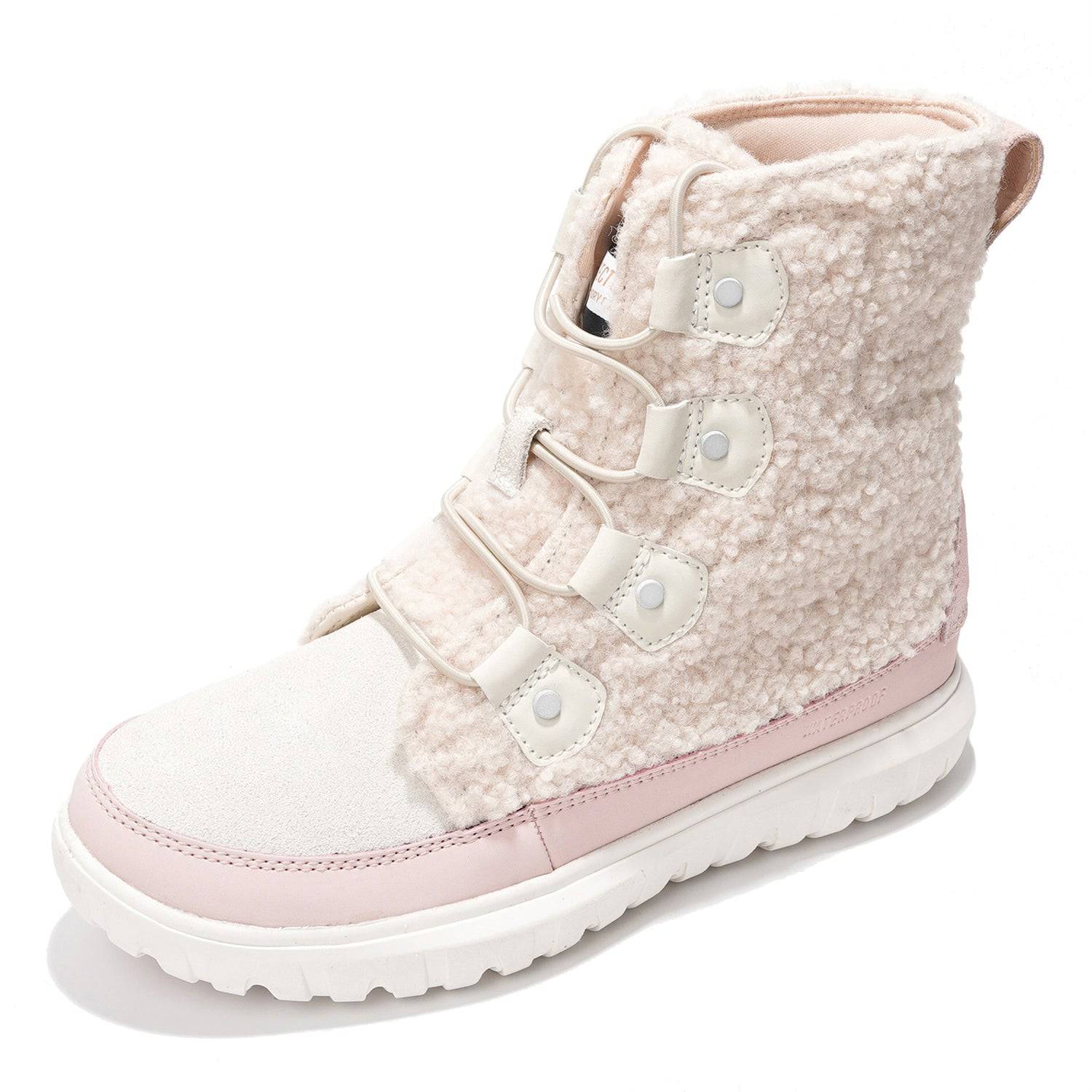 Project Cloud Leonora Snow Boots in light pink, featuring cozy sherpa-like material, suede details, and a non-slip sole.