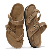 Project Cloud Lian Sandal in Taupe. Genuine suede leather sandals with cork footbed and buckle details.