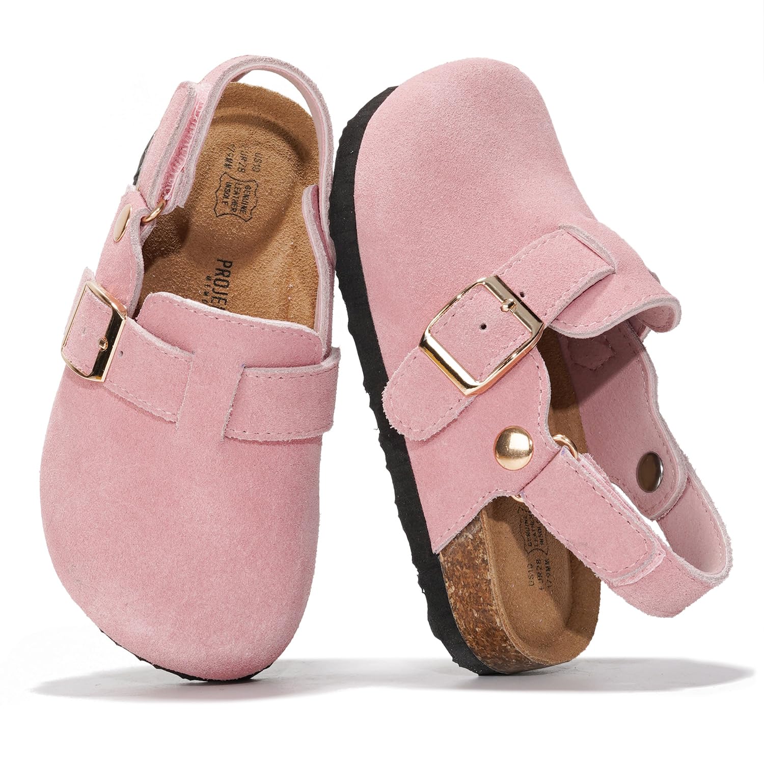 Project Cloud BentonKids pink suede clogs with cork footbed and adjustable strap