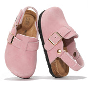 Project Cloud BentonKids pink suede clogs with cork footbed and adjustable strap