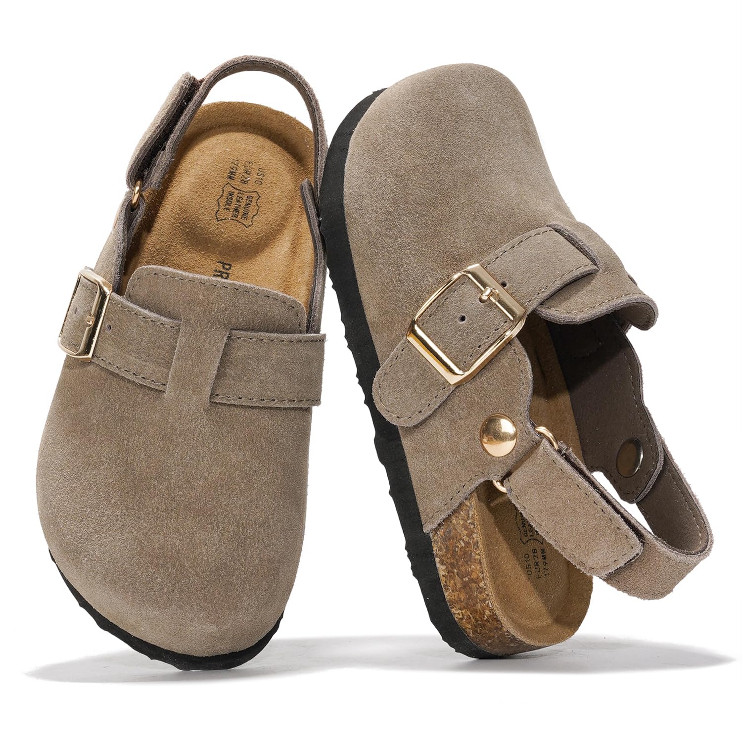Project Cloud Kids Clogs: Taupe leather clogs with cork footbed and adjustable strap. Durable, stylish BentonKids footwear.