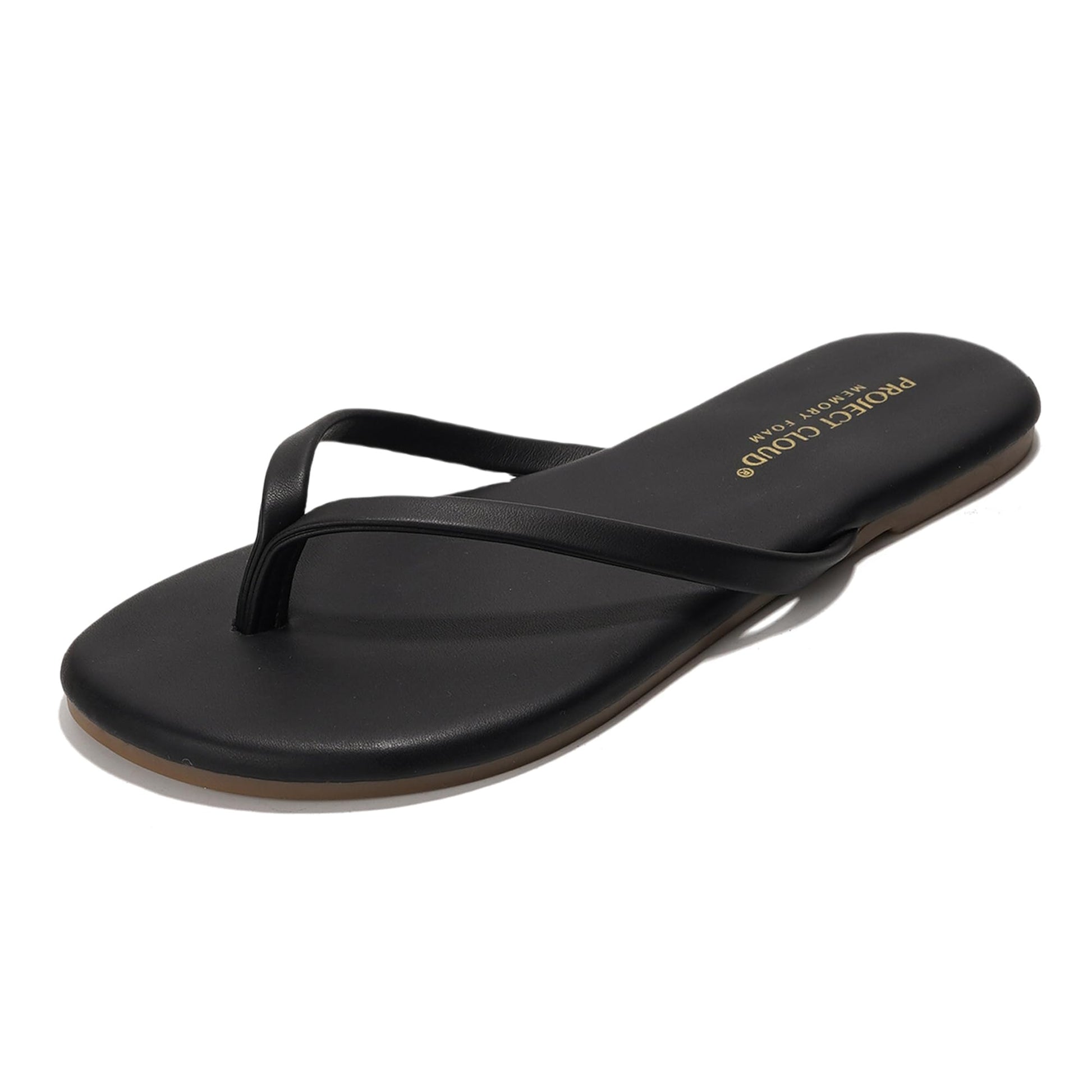 Project Cloud Little Foundations kids flip-flops in black vegan leather with ProjectPlush memory foam footbed.