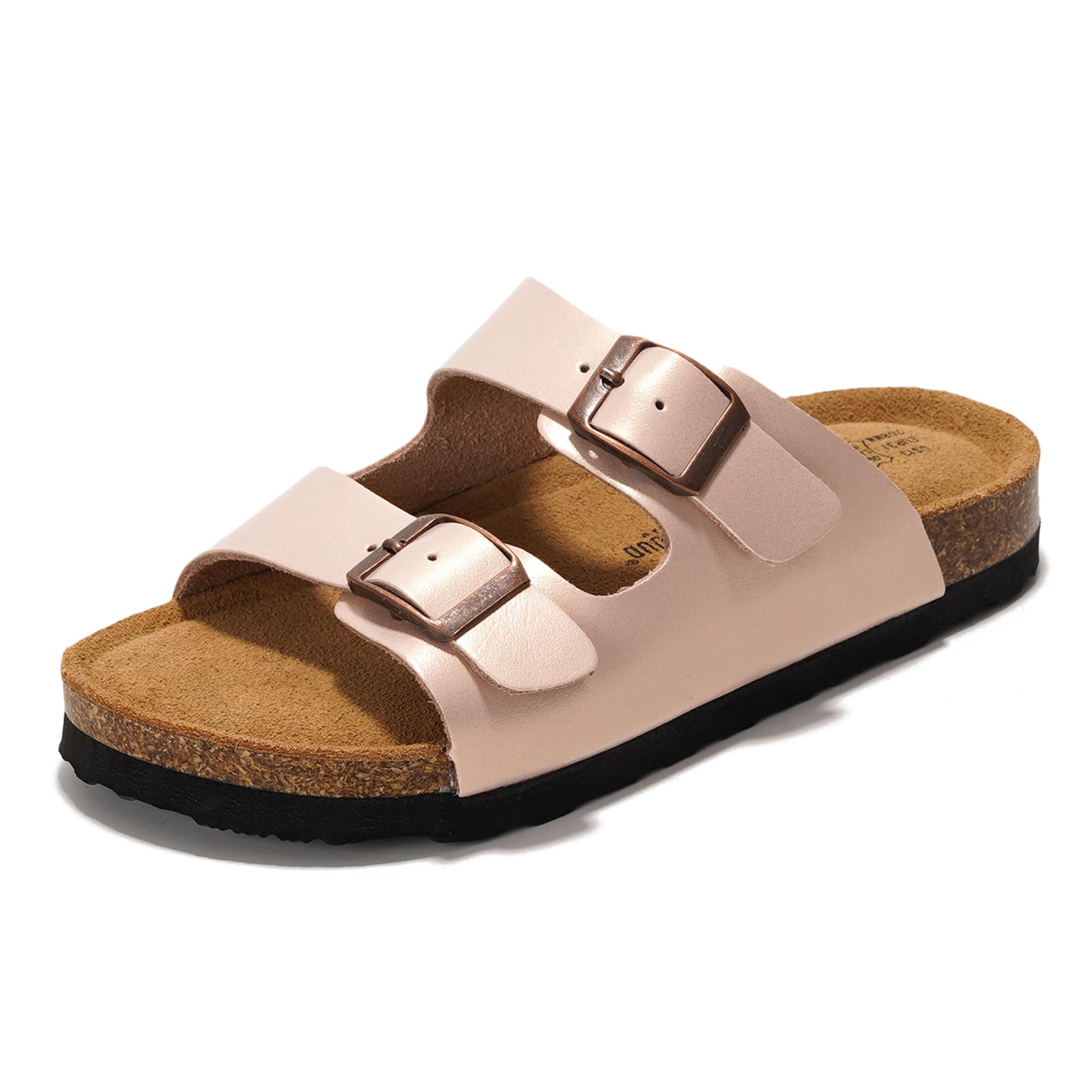 Project Cloud Little Venita kids' slides in blush pink leather with adjustable buckles and cork footbed.