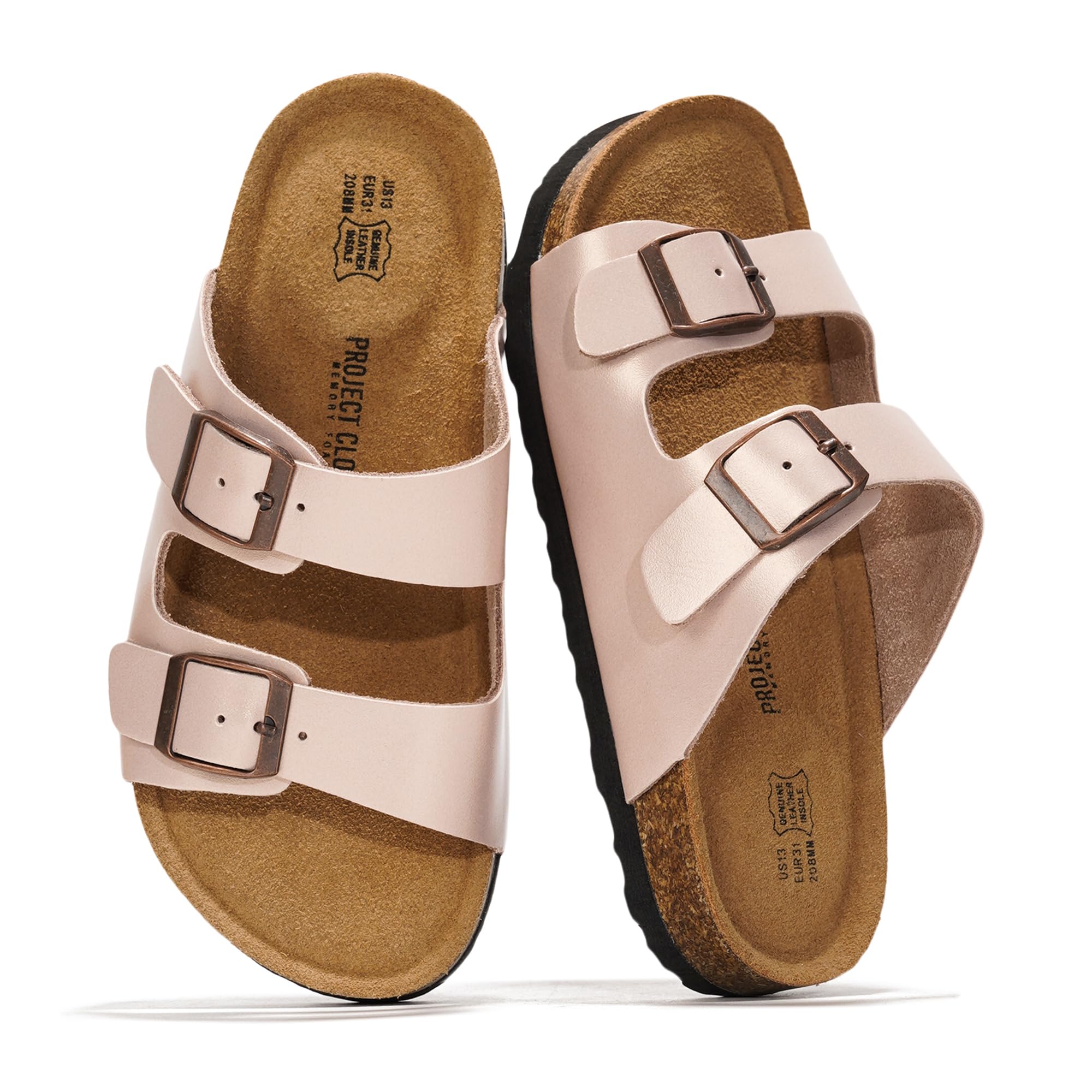 Project Cloud kids' slides in rose gold leather, cork footbed, adjustable buckles. Water-resistant and stylish.