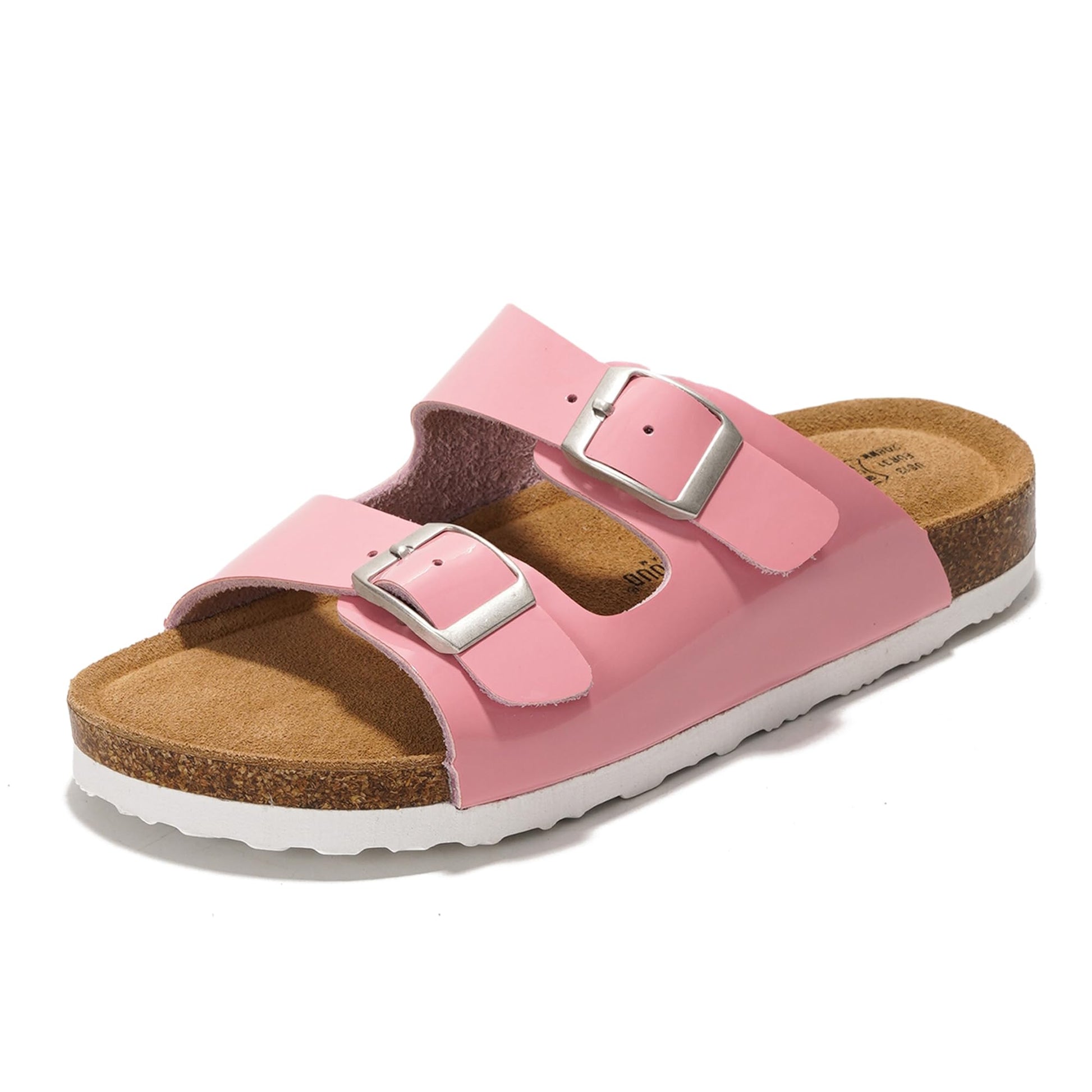 Project Cloud Little Venita kids' slides in pink leather with adjustable buckles, cork footbed and white sole.