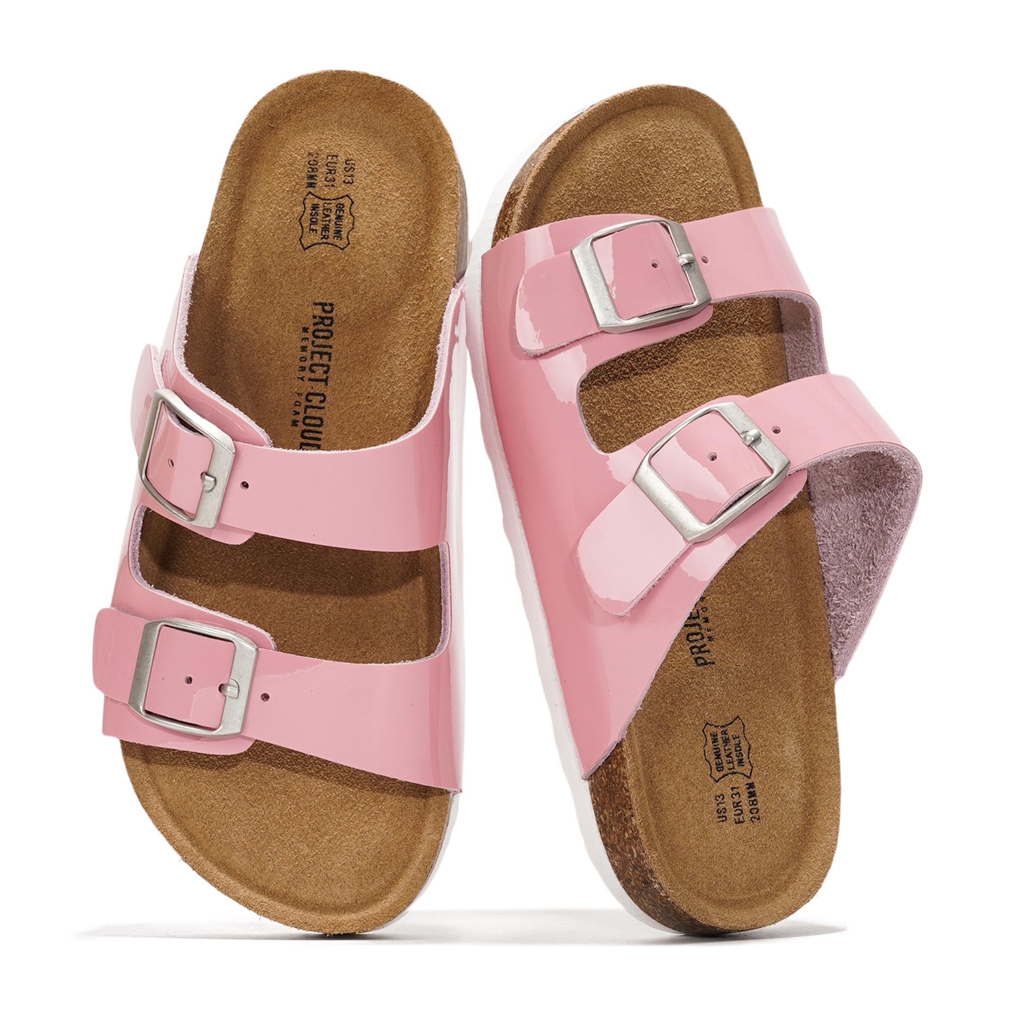 Pink leather Project Cloud Little Venita kids' slides with cork footbed and adjustable buckles. Water resistant.