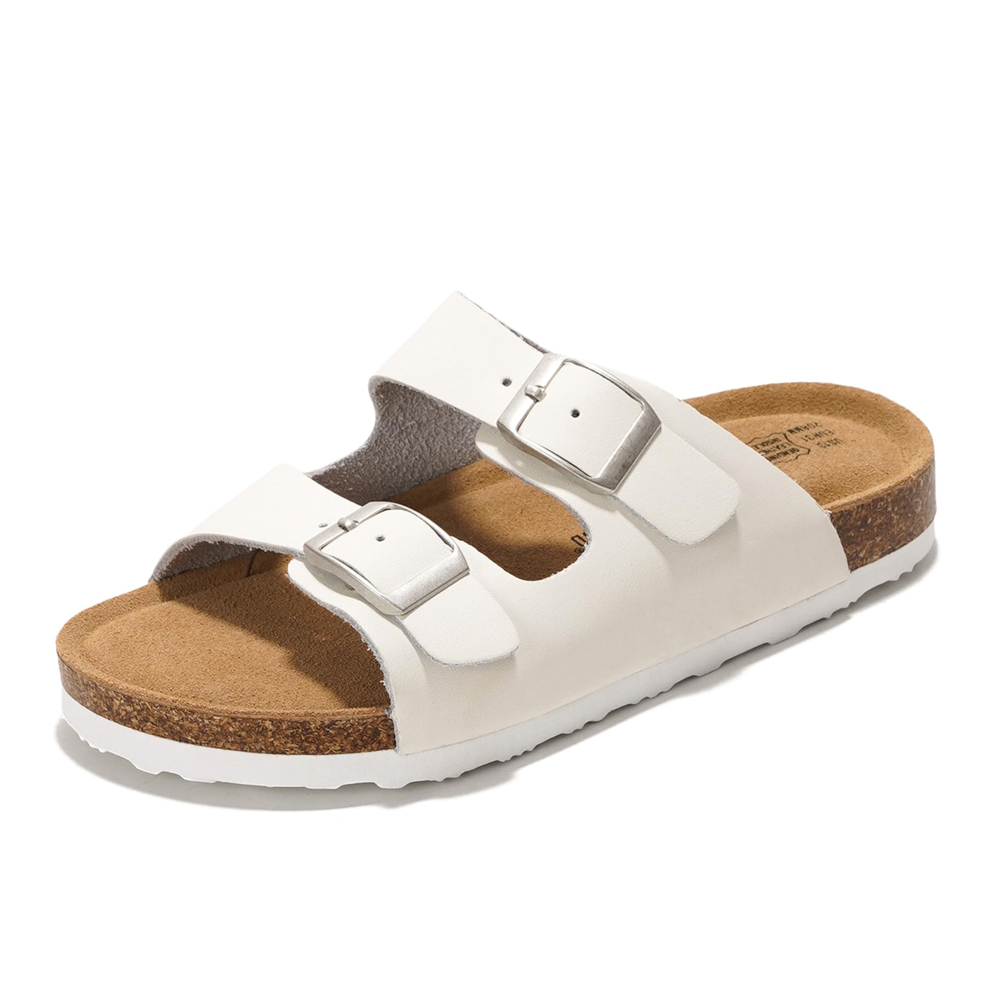 Project Cloud Little Venita white leather kids' slides with adjustable buckles, cork footbed. Stylish and water-resistant.