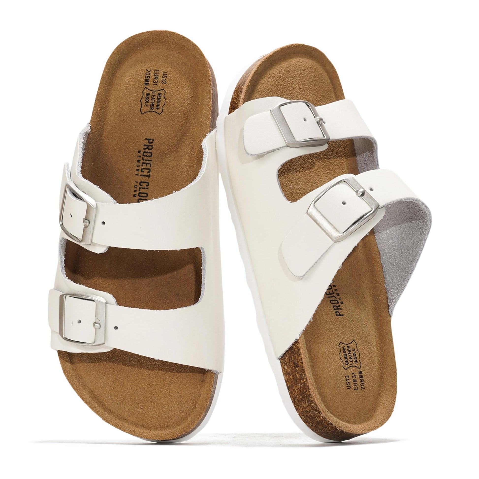 Project Cloud Little Venita white leather kids' slides with cork footbed and adjustable buckles. Stylish and water-resistant.