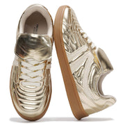 Gold vegan leather Madrid sneakers with white laces and Project Memory Foam logo, non-slip sole for women