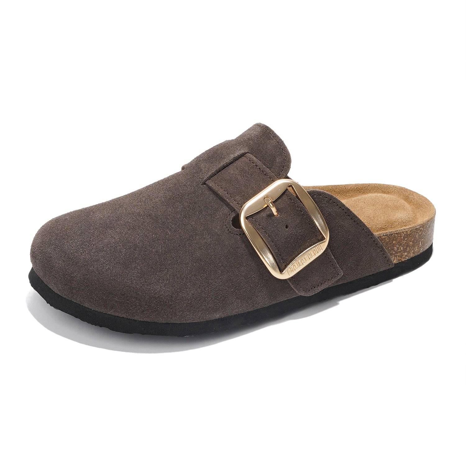 Project Cloud Manchester clogs for women in brown suede with buckle detail.