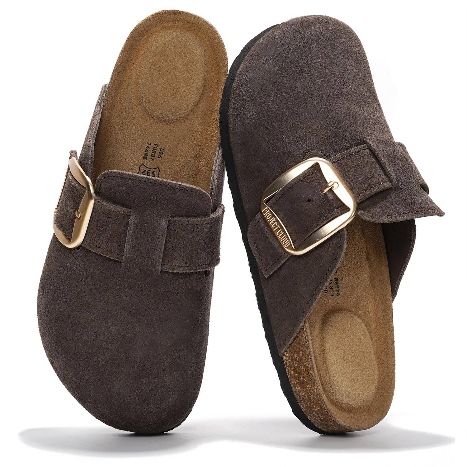 Project Cloud Manchester Clogs for Women in brown suede with buckle detail. Featuring memory foam insole.