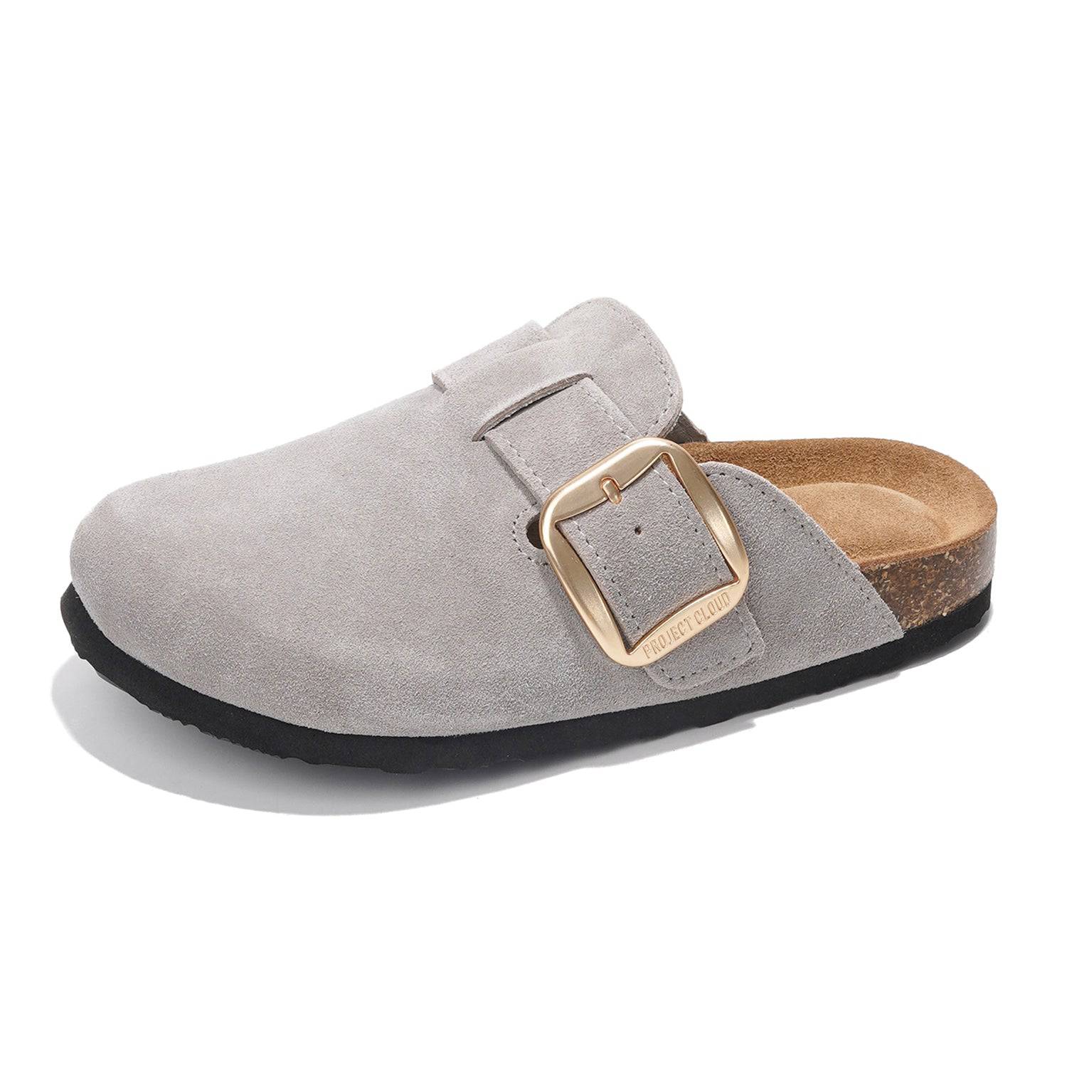 Project Cloud Manchester clogs for women in gray suede with gold buckle detail.