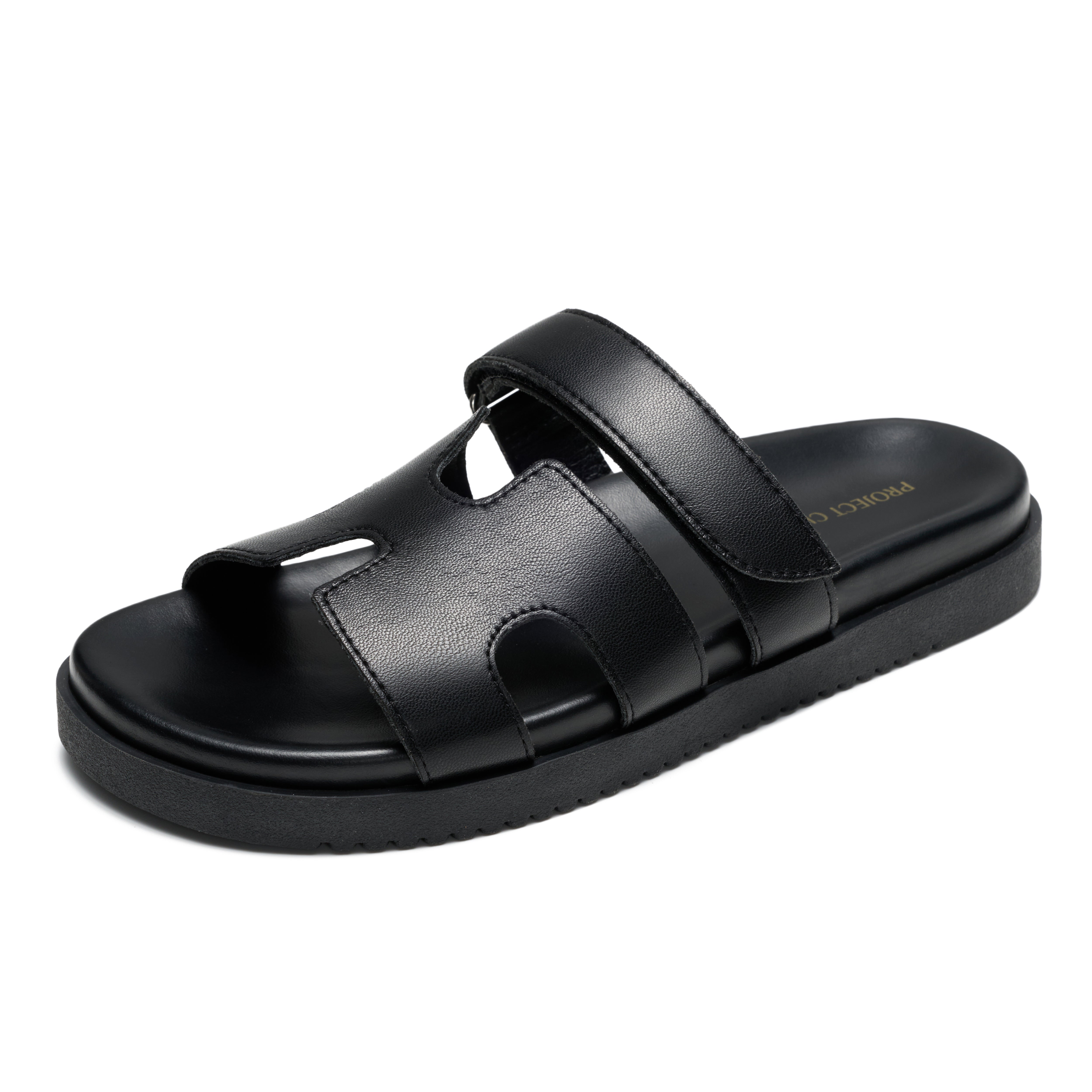 Project Cloud Mayven Black Leather Sandals for Women, Adjustable Straps, Memory Foam, Platform Sole.