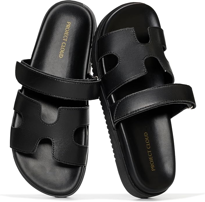 Project Cloud Mayven black leather sandals with memory foam. Adjustable straps, comfy platform sandals for women.