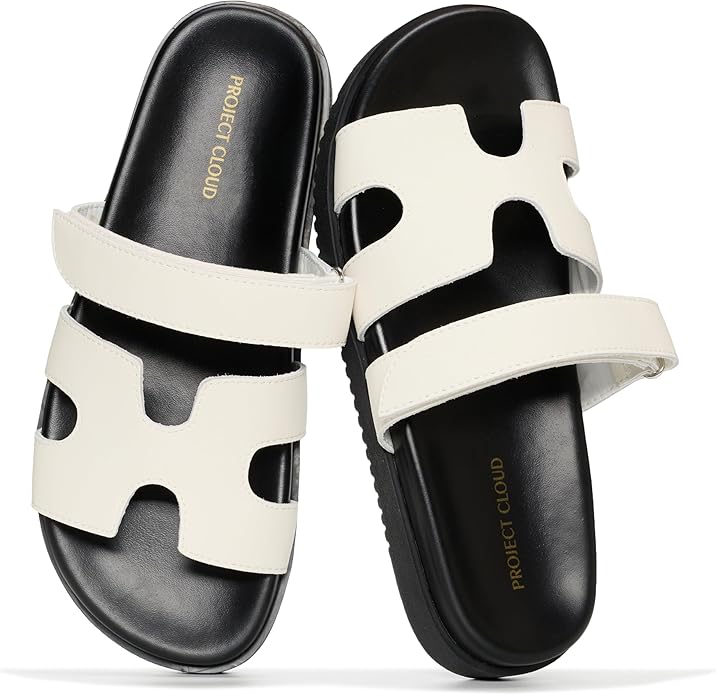 Project Cloud Mayven Women's sandals in white with black sole. Memory foam, adjustable straps for comfort and style.