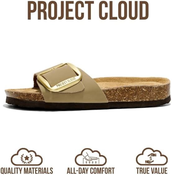 Project Cloud Mykonos sandal, leather upper, cork footbed, anti-slip sole, indoor/outdoor durability, all-season wear.
