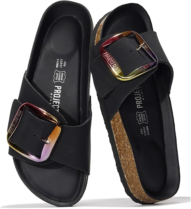 Project Cloud Mykonos Women's leather sandals with a large iridescent buckle, cork footbed, genuine leather upper